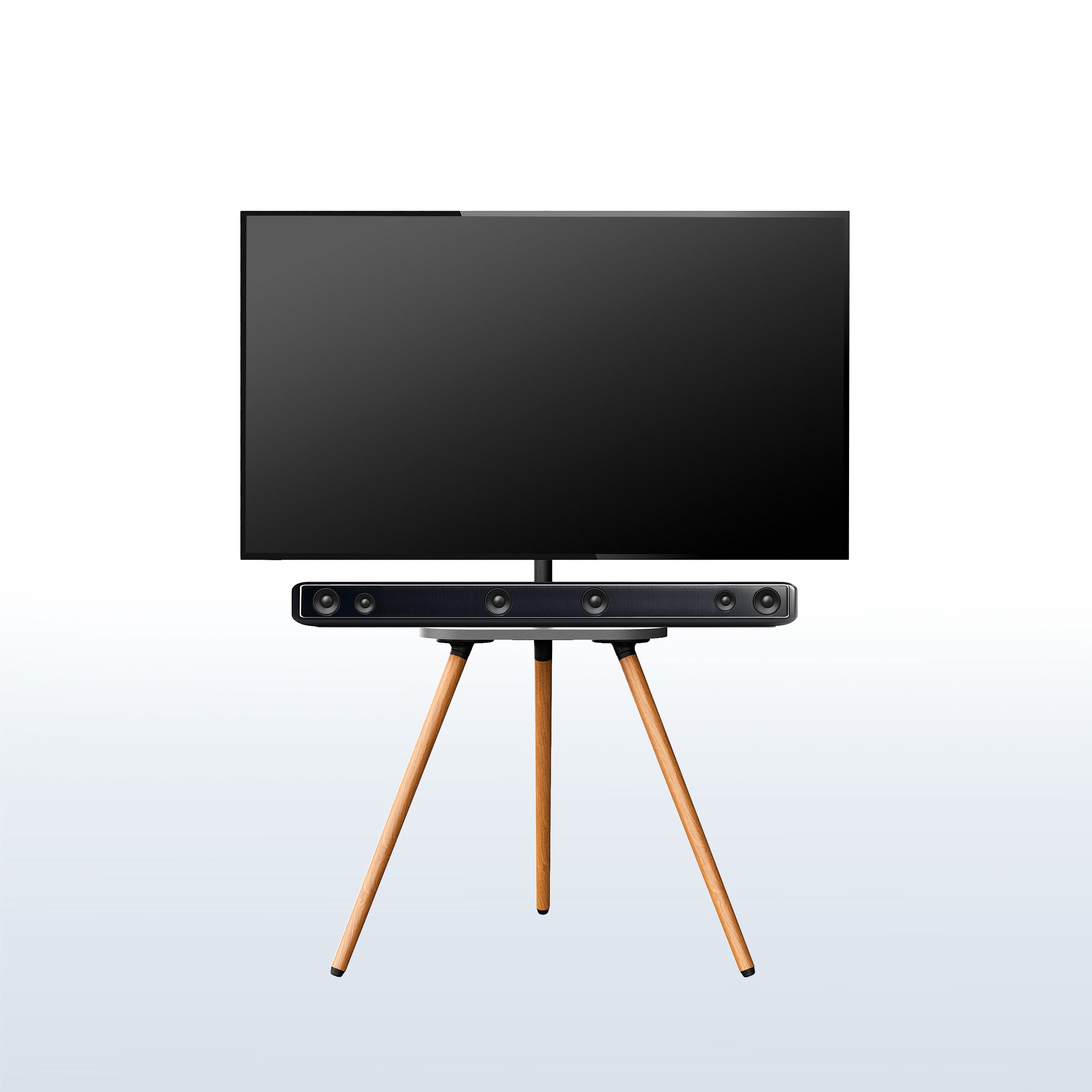 Smart TV on a wooden stand with soundbar.