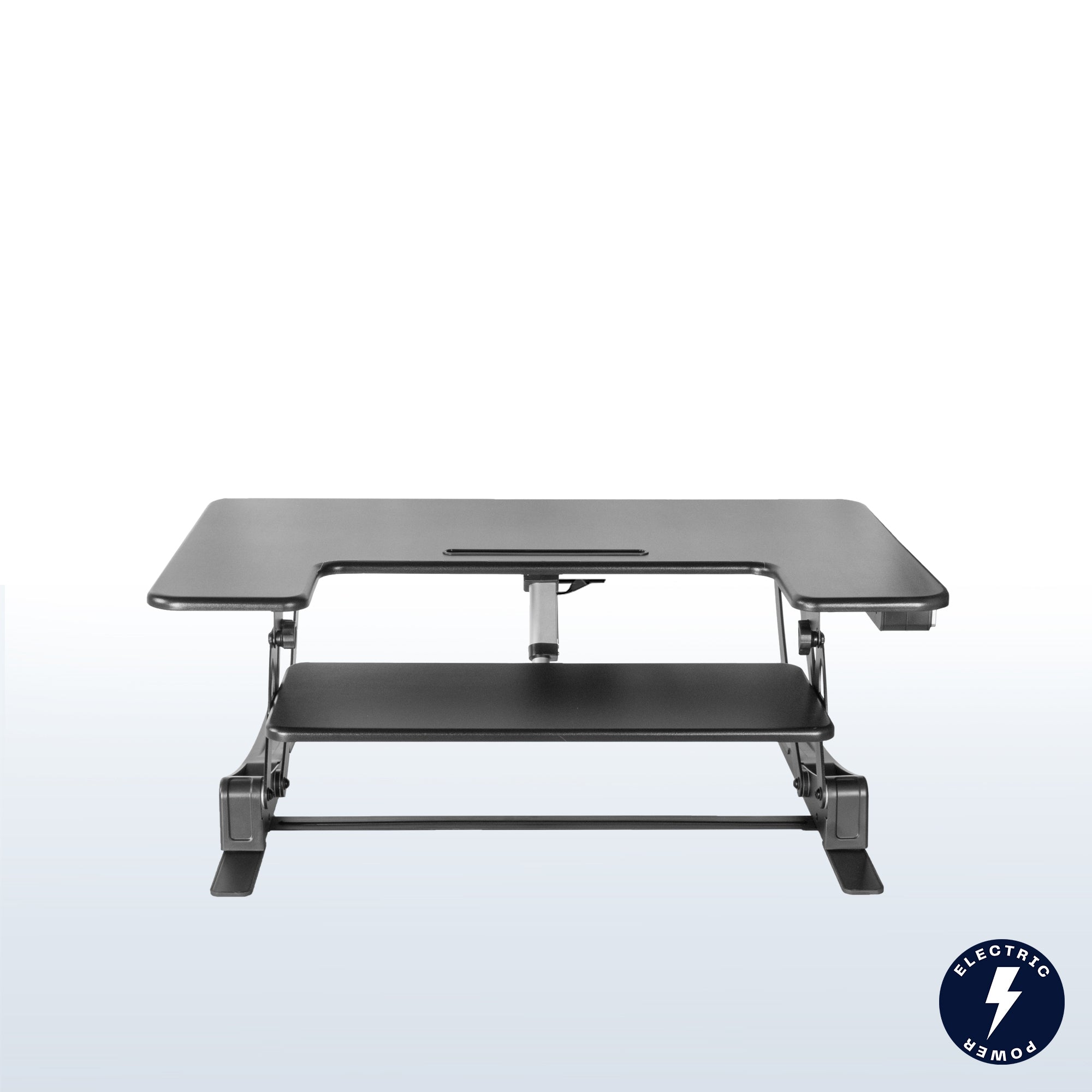 Dual-tiered, electric desk riser that sits on top of your current desk and gives you the benefit of standing up throughout the work day.