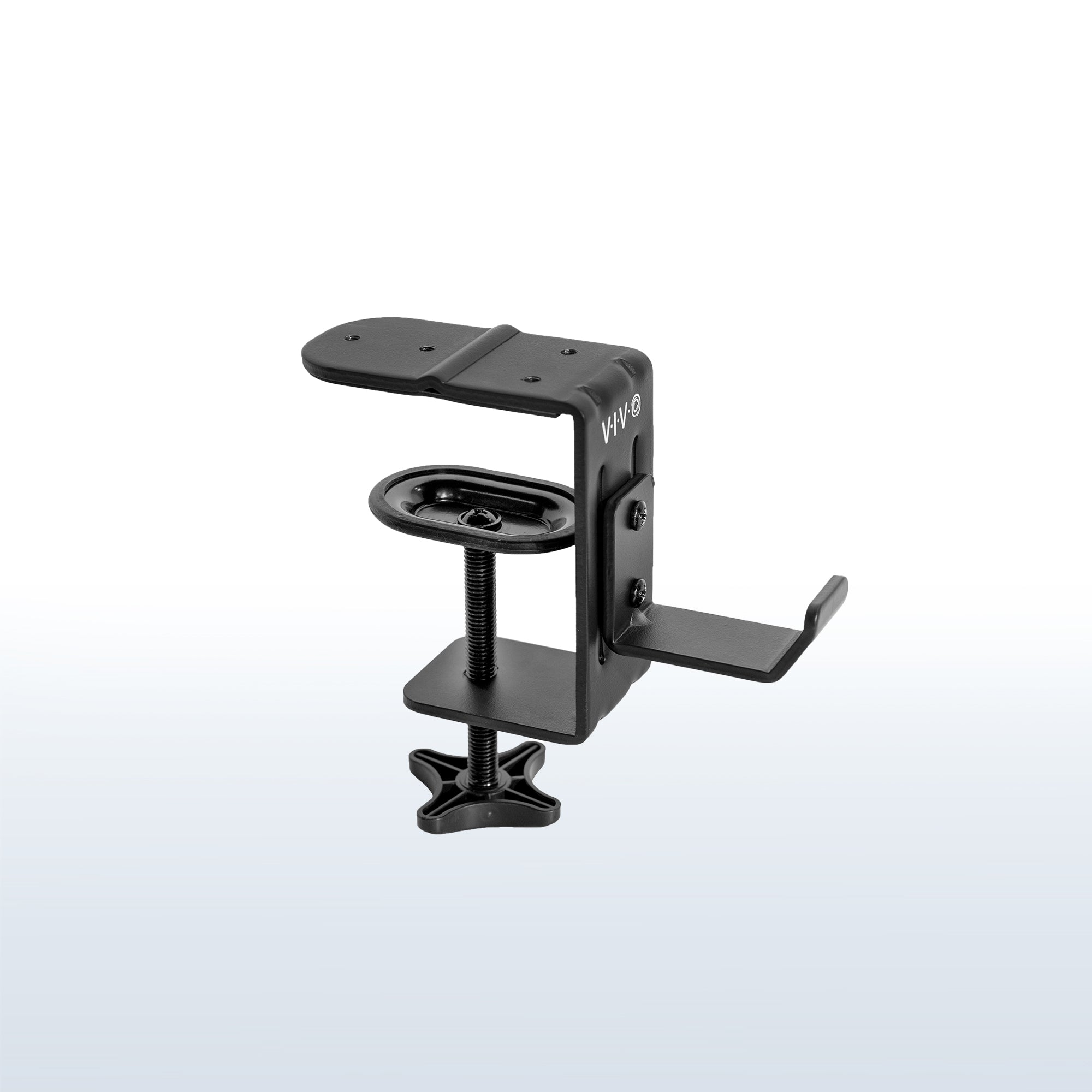 Heavy-duty under desk or desk leg clamp hook to hold accessories, bags, coats, and more. Weight capacity of up to 33 pounds and can clamp on almost anywhere.