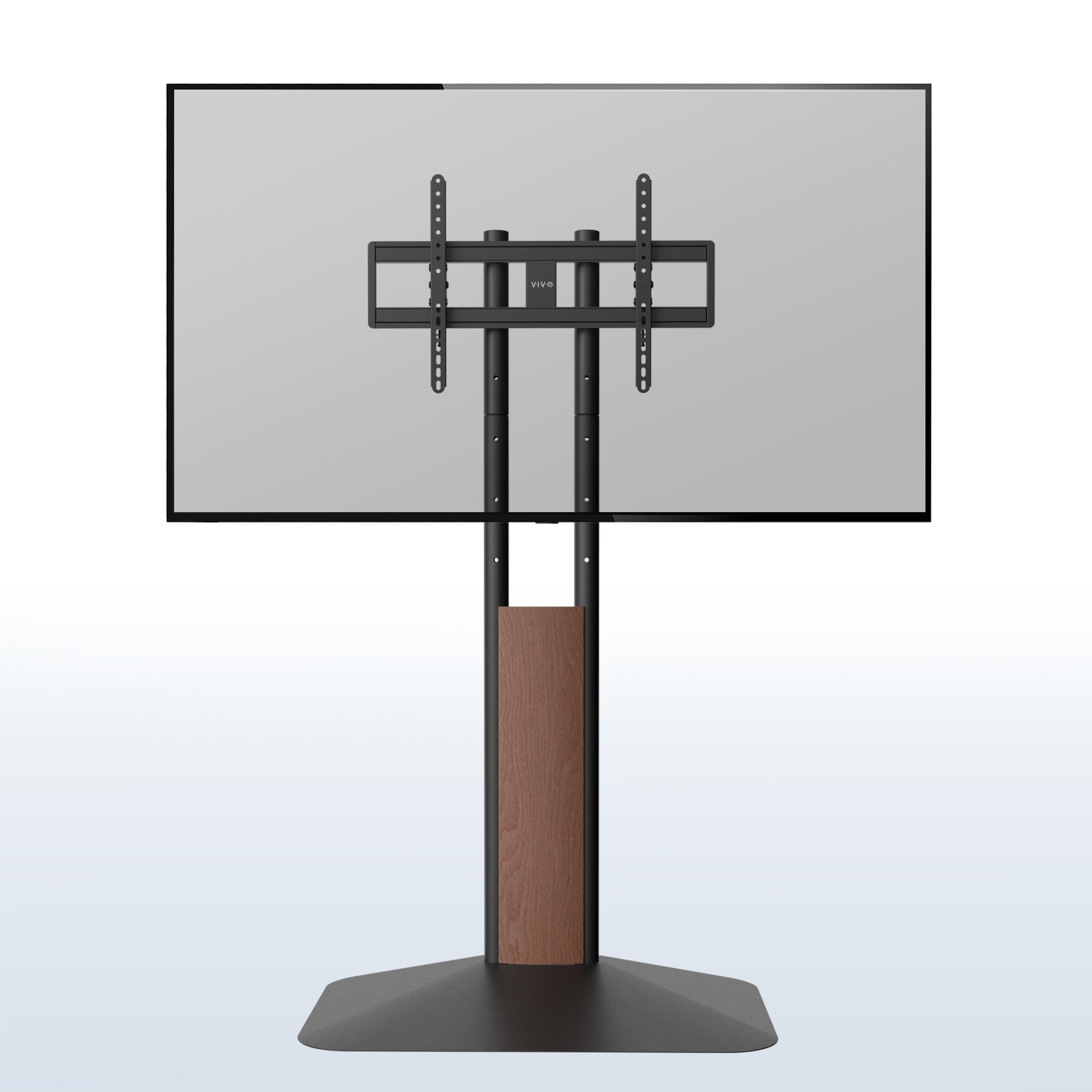 A black freestanding TV stand with a brown wooden accent.