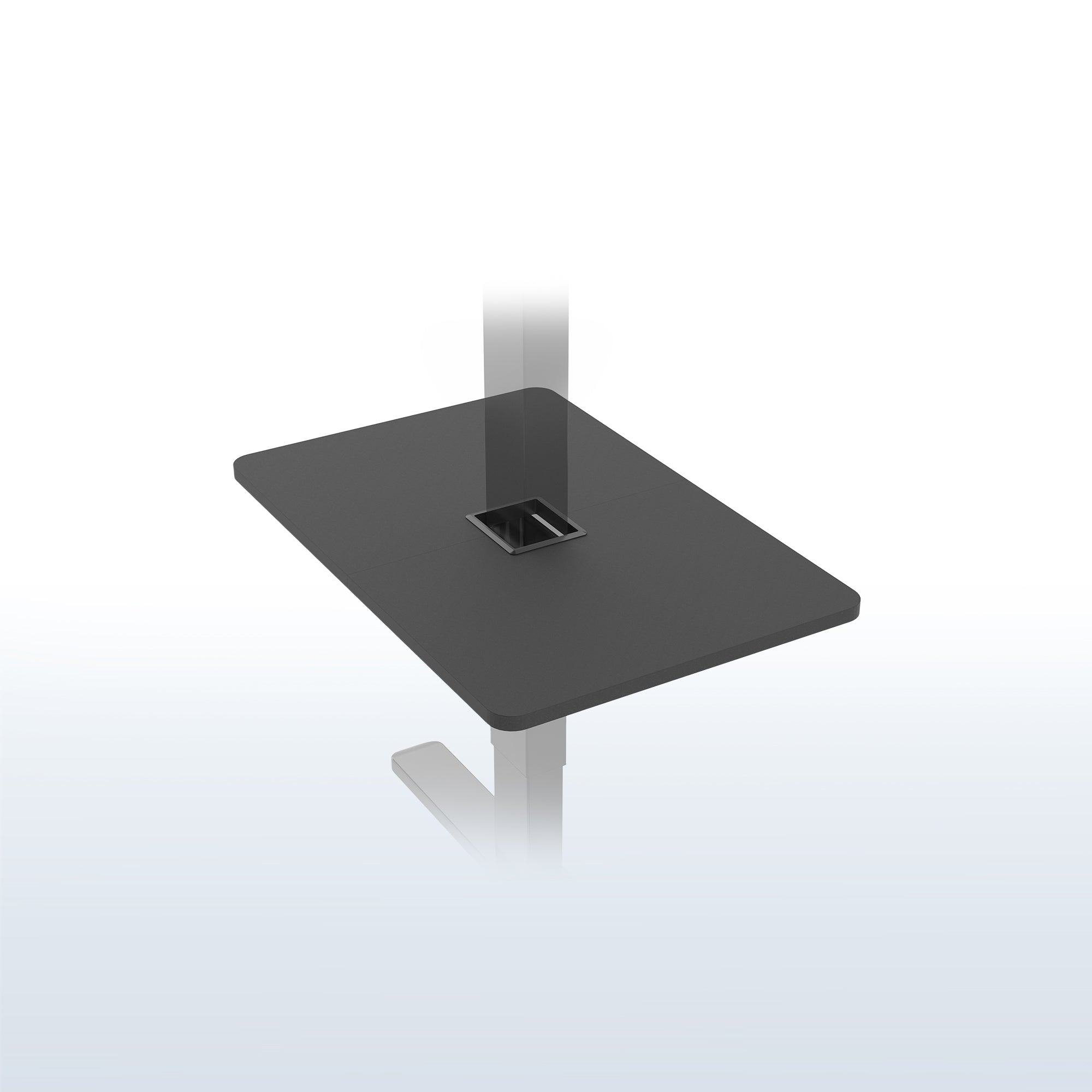 Under desk floating shelf platform that clamps onto desk leg. Provides convenient hidden storage that adjusts with your sit to stand desk.