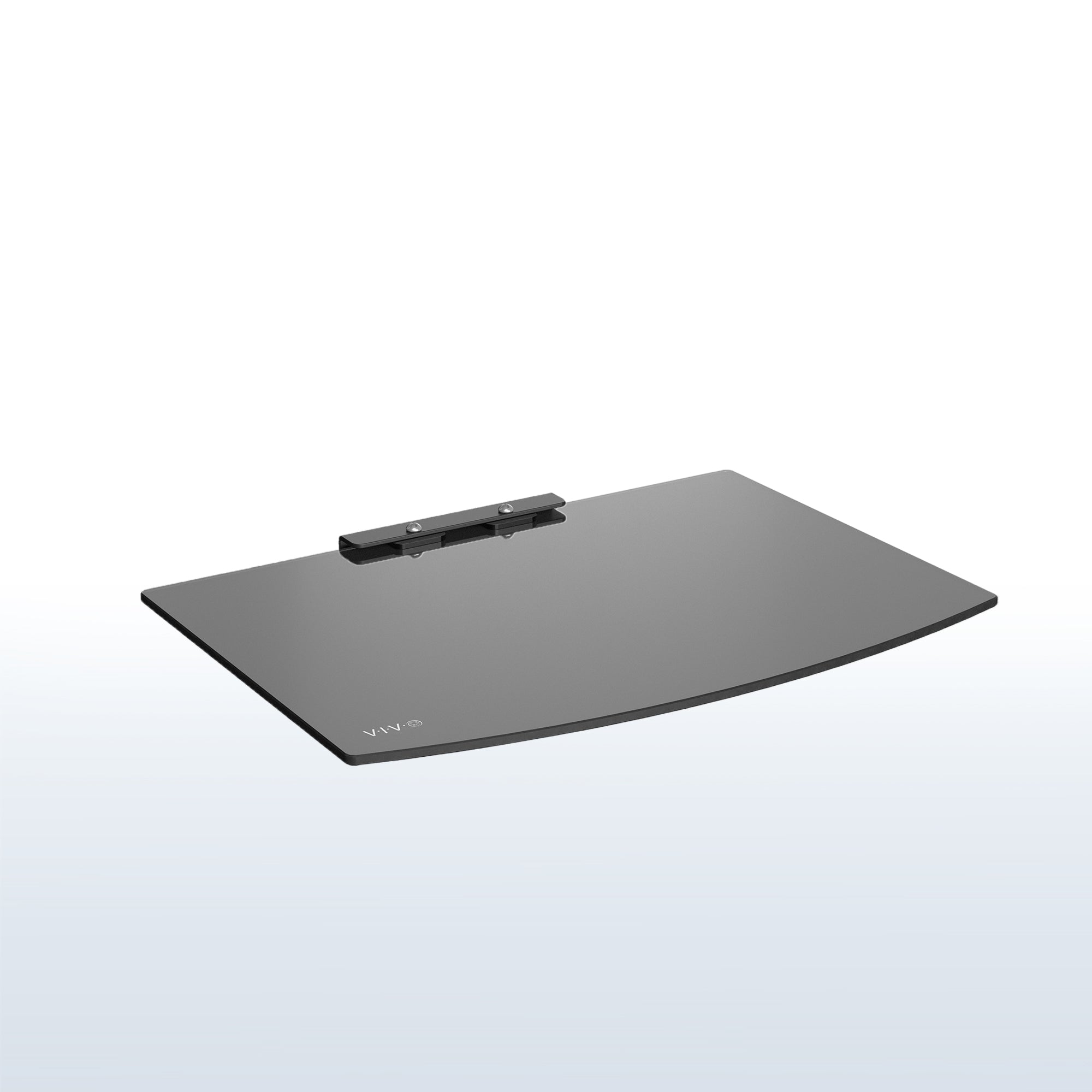 Modern look tempered glass floating shelf with sturdy steel frame.