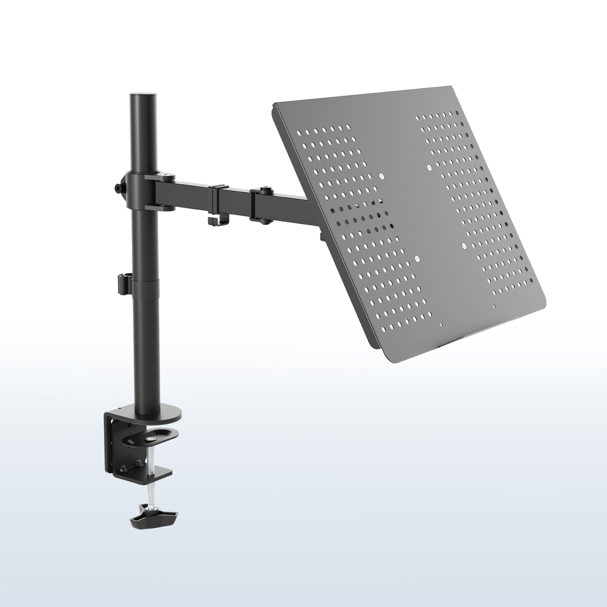 Height adjustable clamp-on laptop stand with ventilation and cable management.