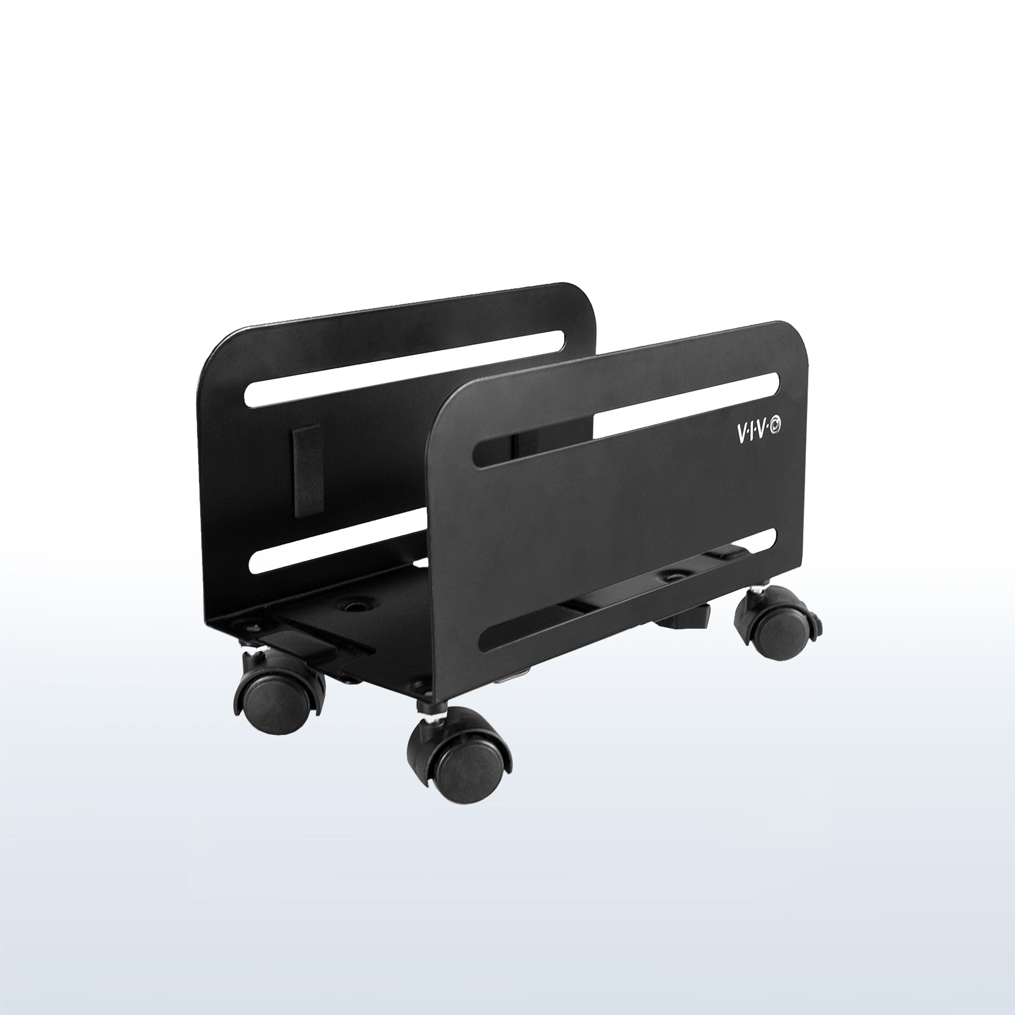 Sturdy mobile CPU cart with adjustable width and locking wheels.