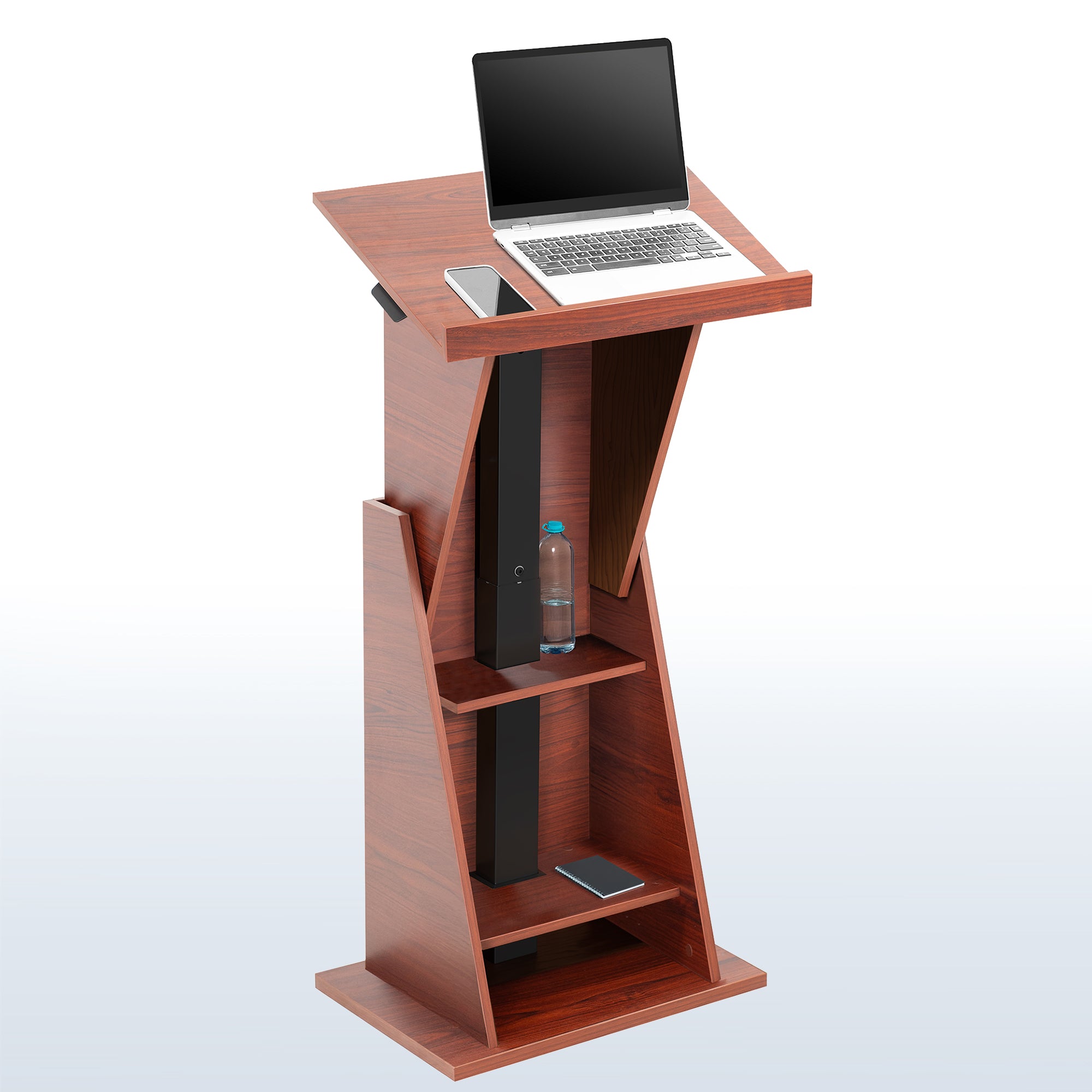 Sturdy modern height adjustable podium with storage shelves.