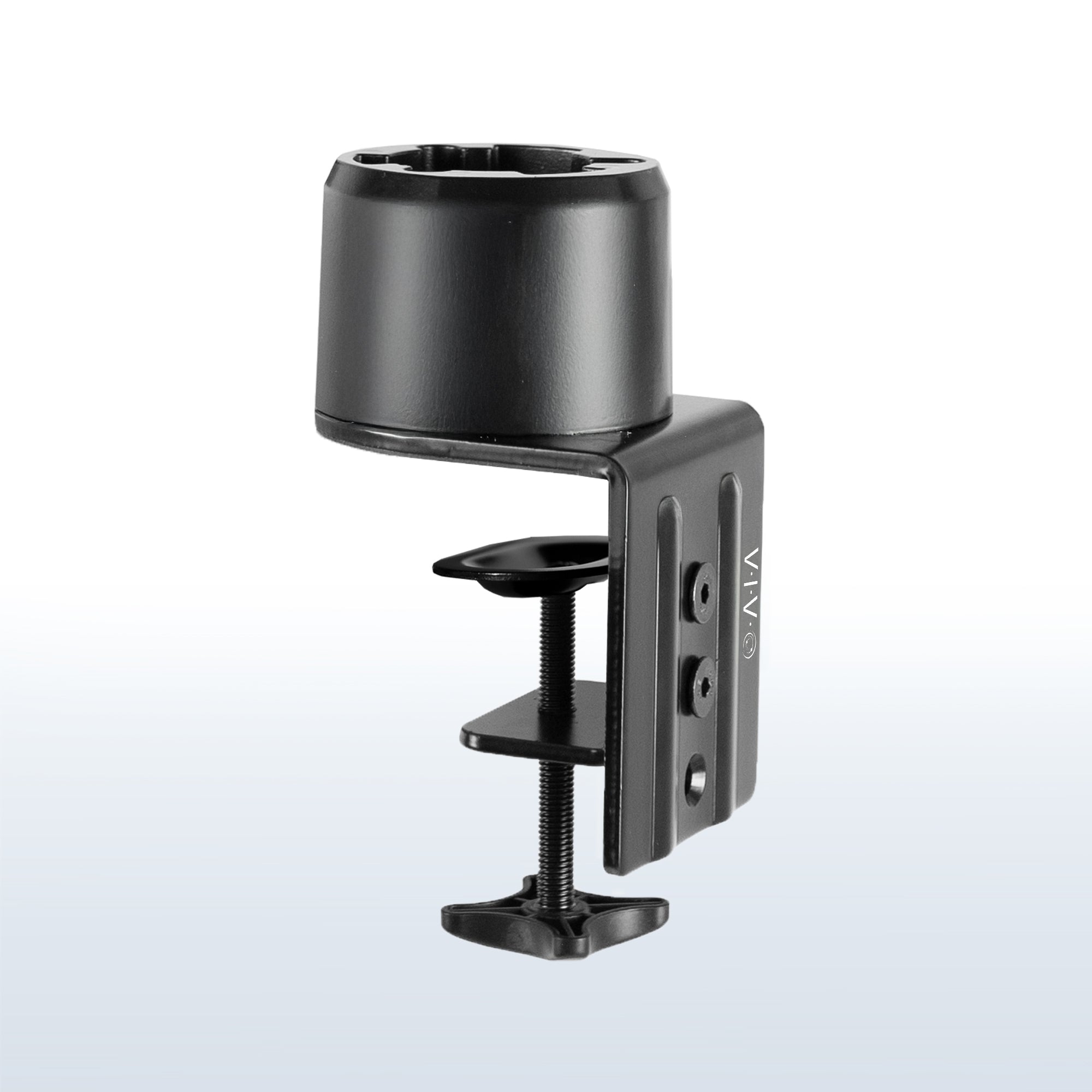 Desk mount converter with a C-clamp and optional grommet.
