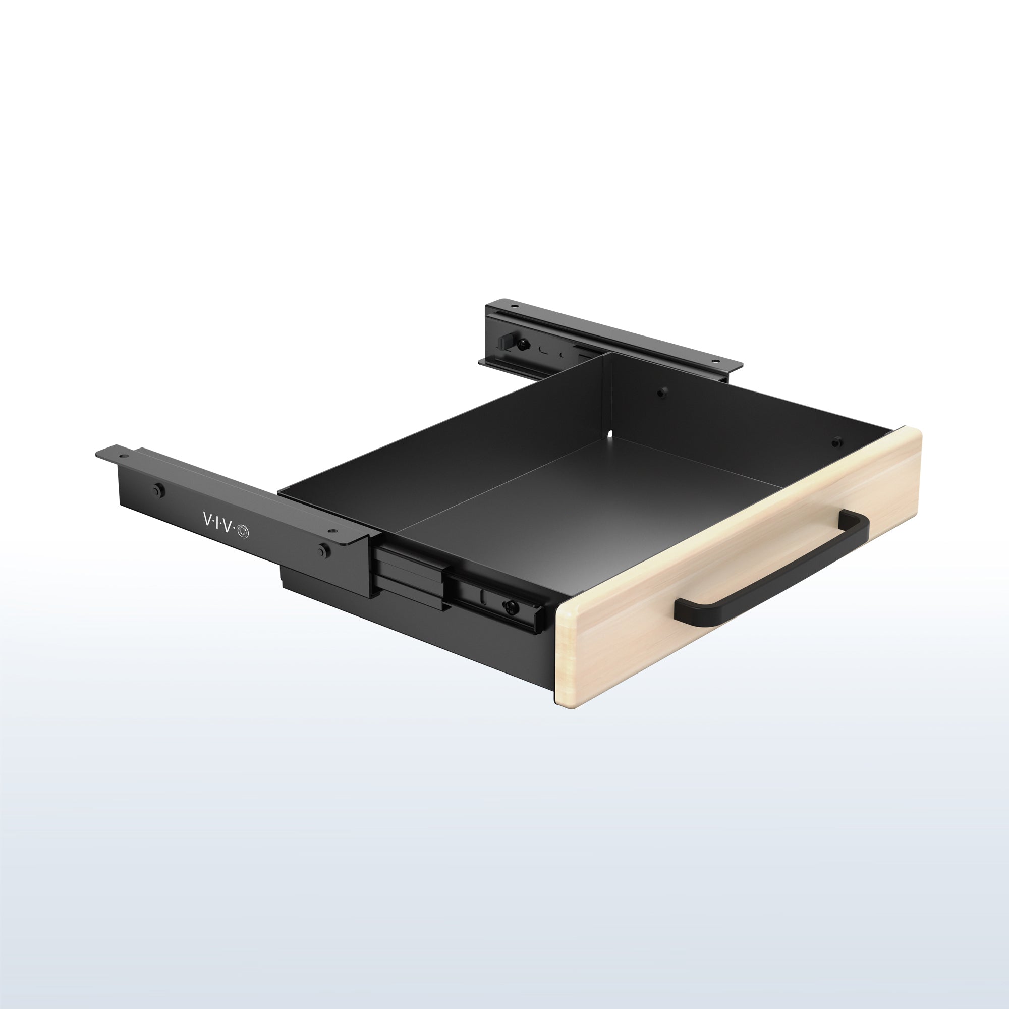 Black drawer with wooden front on a white background