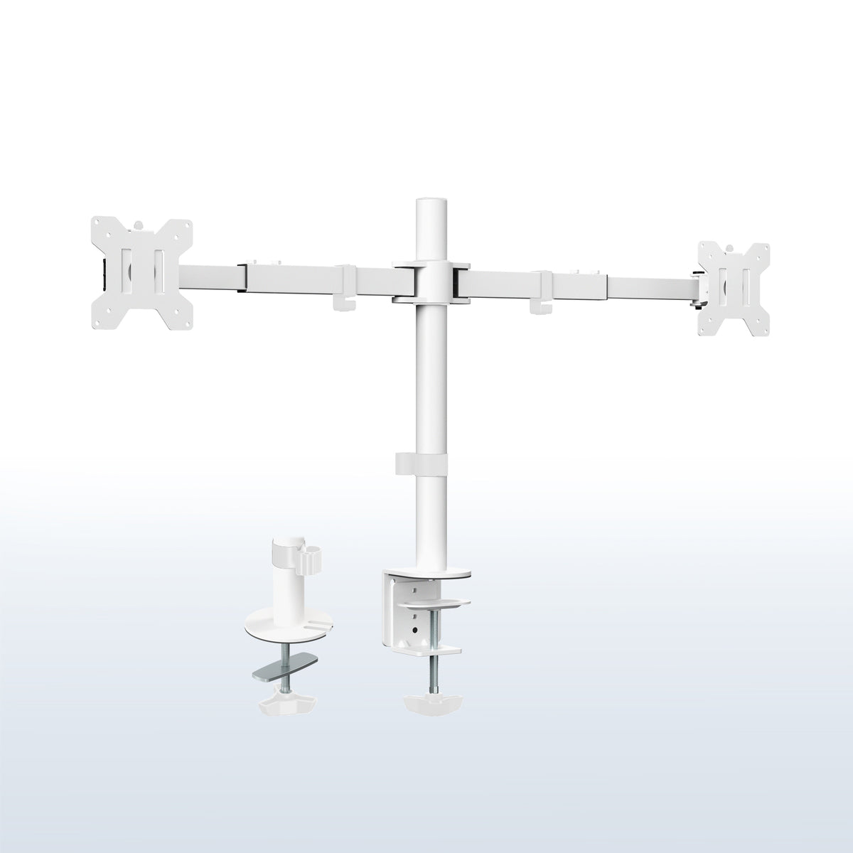 A white multi-monitor TV wall mount bracket with two detachable display arms and a central vertical pole, shown on a clean light blue gradient background.