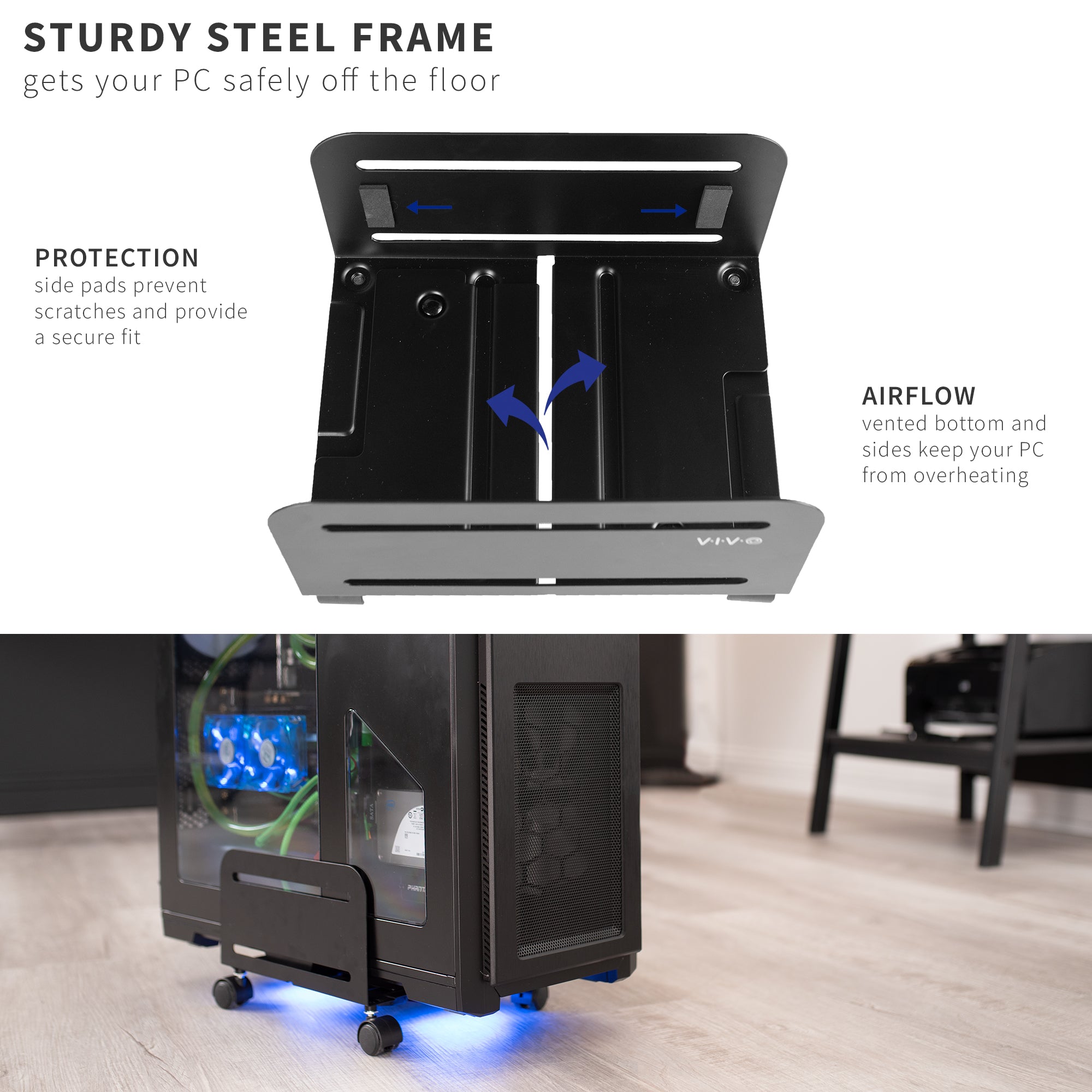 Large Computer Tower Desktop ATX-Case, CPU Steel Rolling Stand, 7.8 to 14 inch Wide Adjustable Mobile Cart Holder with Locking Caster Wheels, Gaming PC Holder