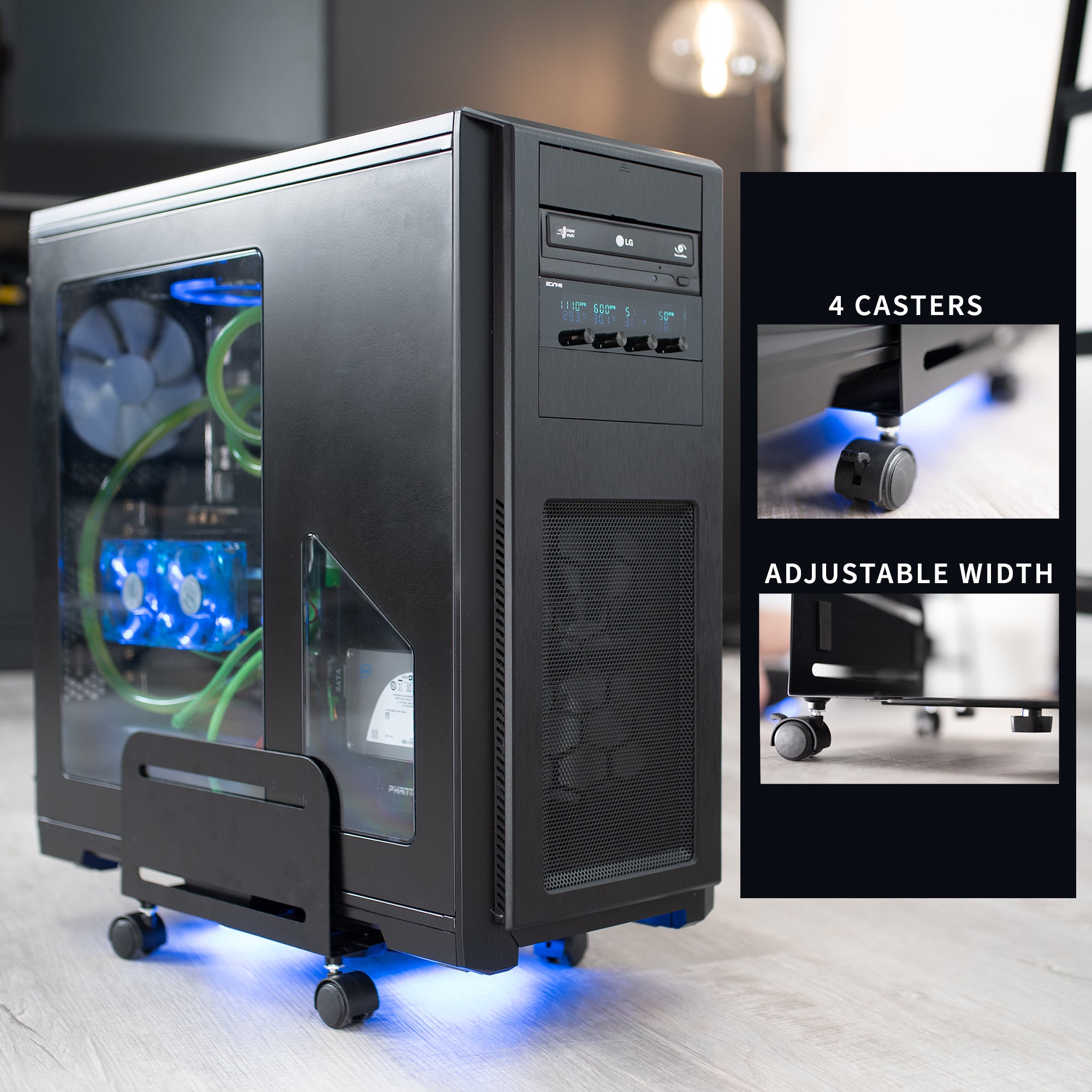 Large Computer Tower Desktop ATX-Case, CPU Steel Rolling Stand, 7.8 to 14 inch Wide Adjustable Mobile Cart Holder with Locking Caster Wheels, Gaming PC Holder