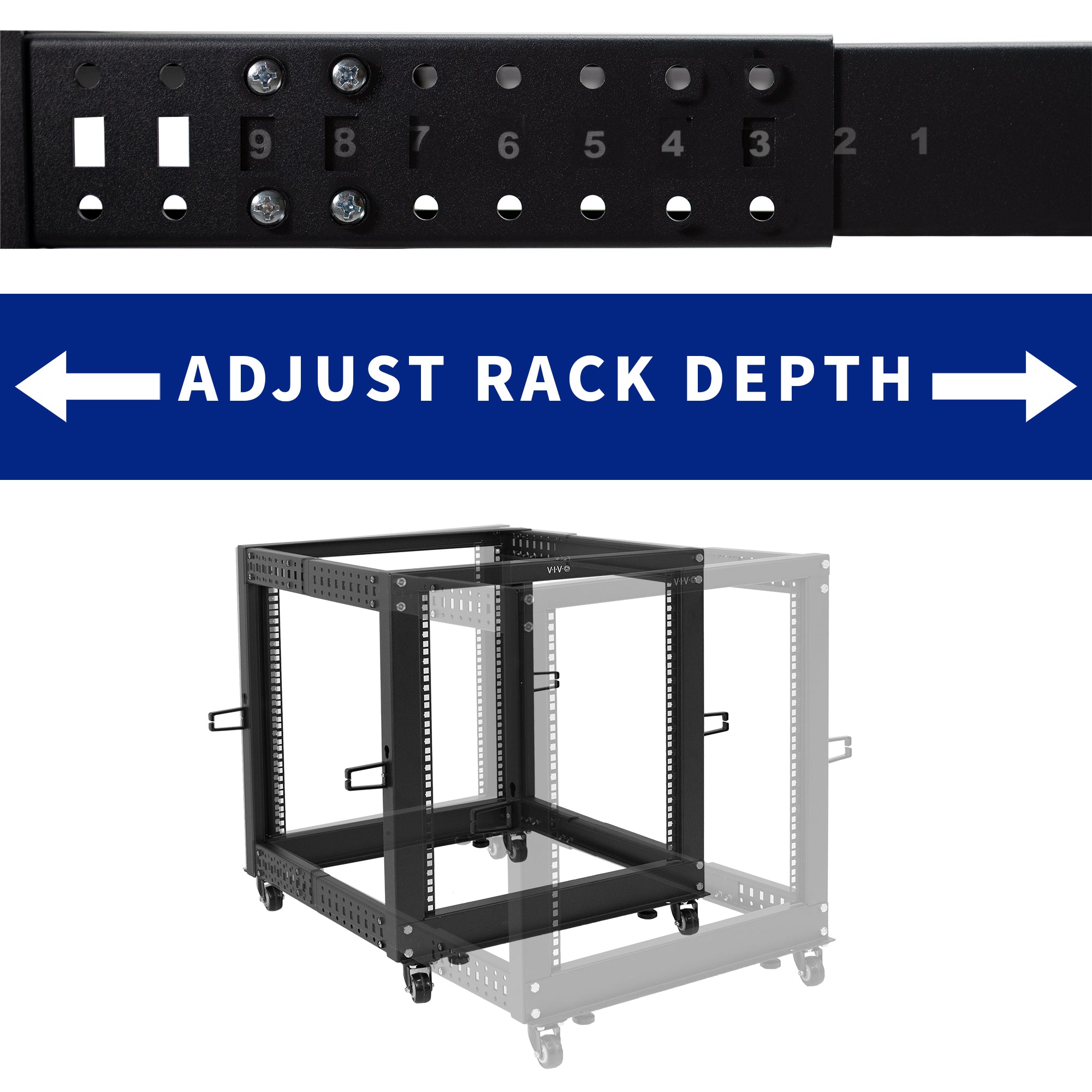 Black open frame rack showing rack depth  and adjustment settings.