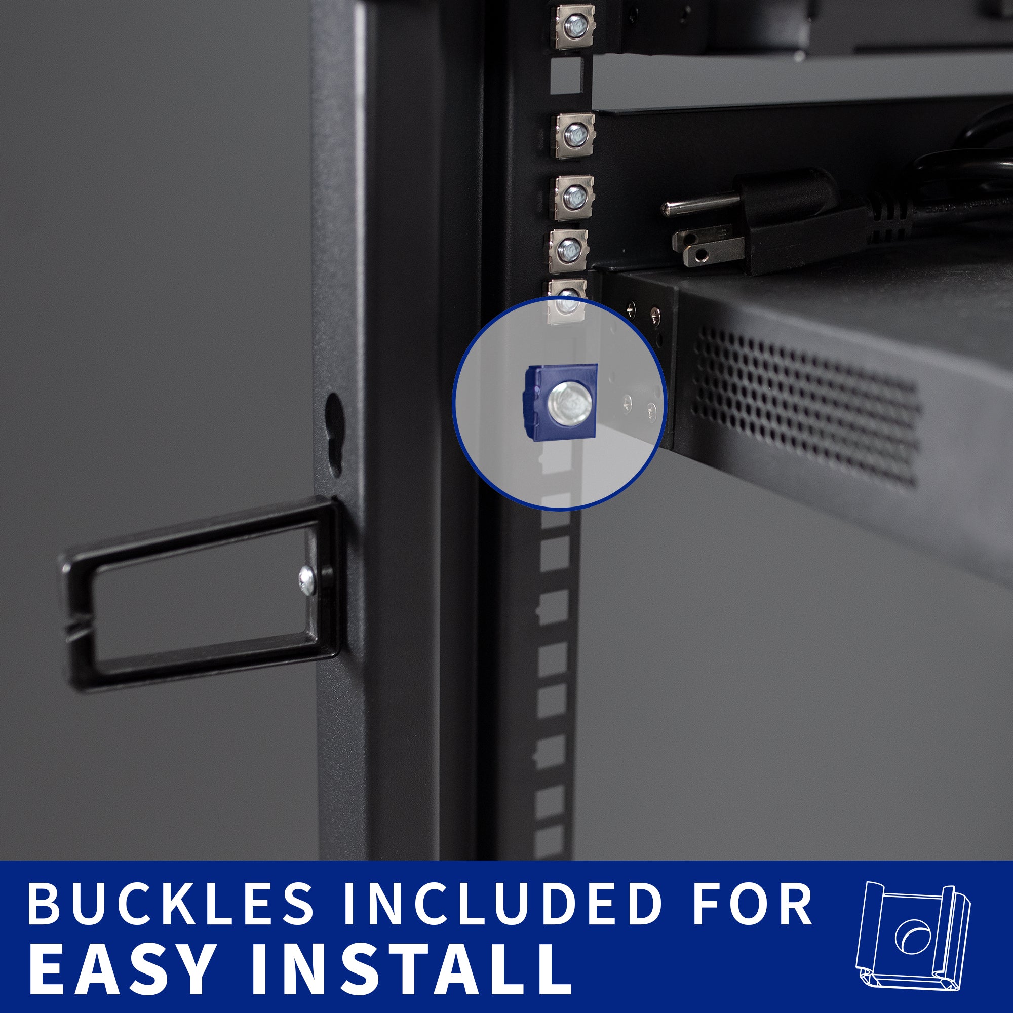 Black network rack with multiple ports.