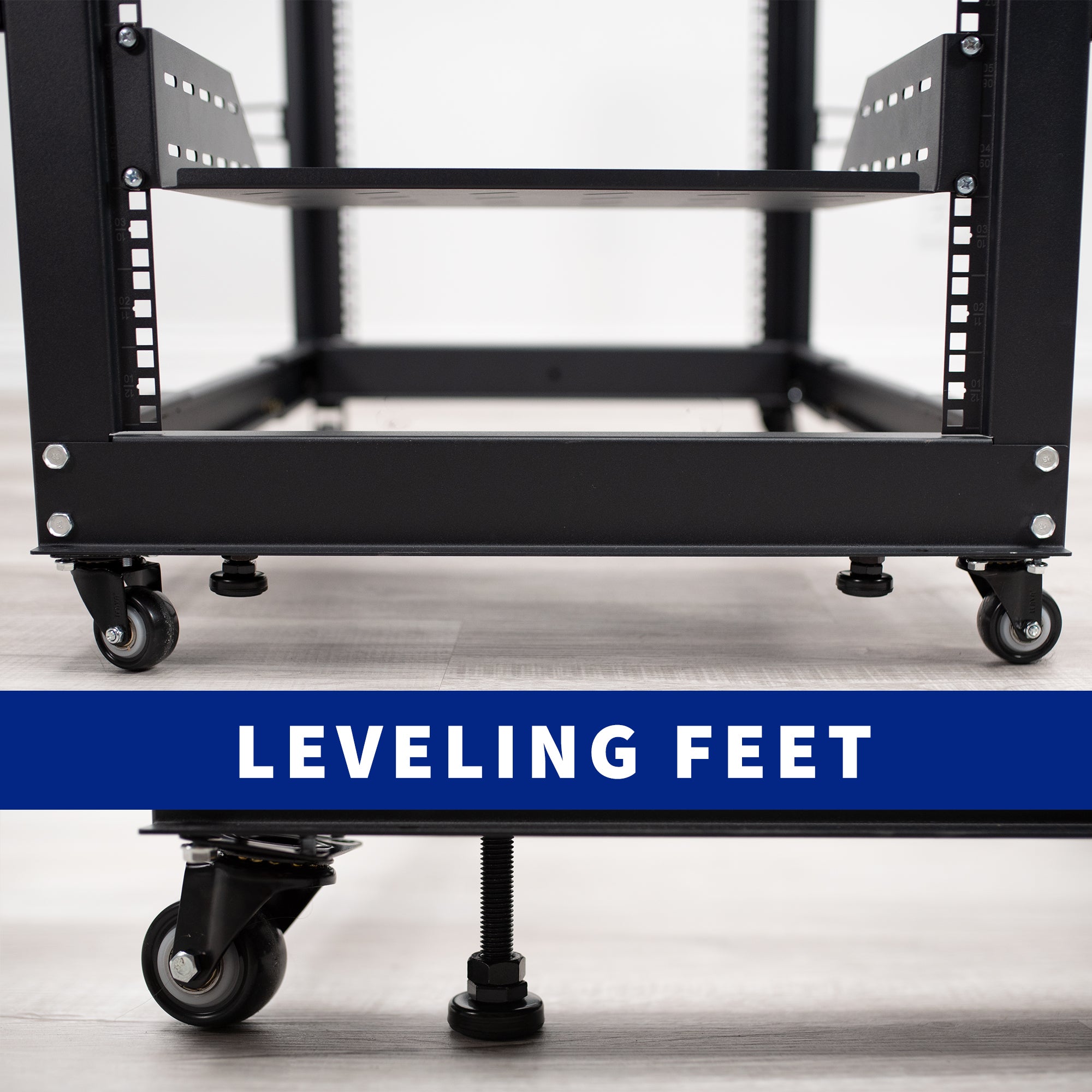 Black network rack with multiple ports.