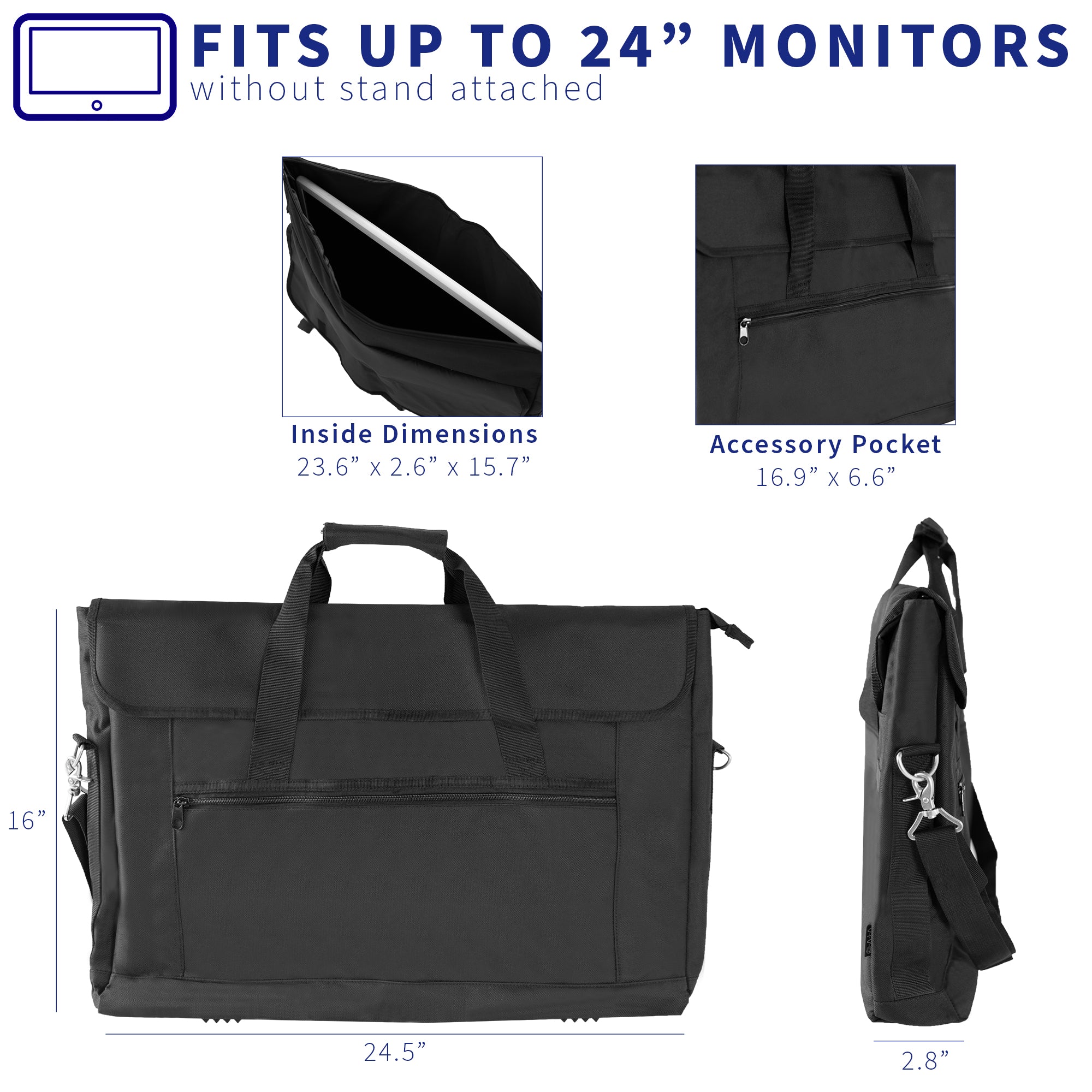 A black monitor travel case with a shoulder strap and multiple compartments.