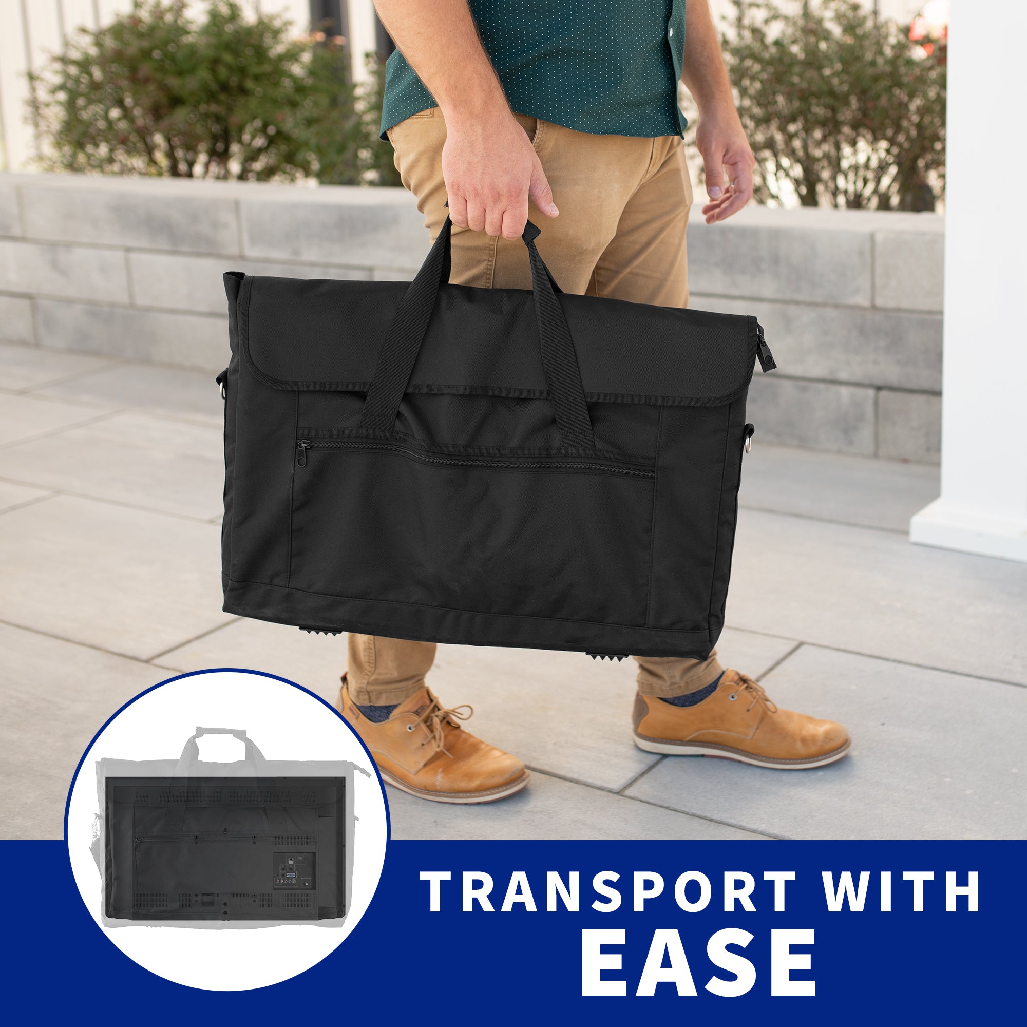 A black monitor travel case with a shoulder strap and multiple compartments.