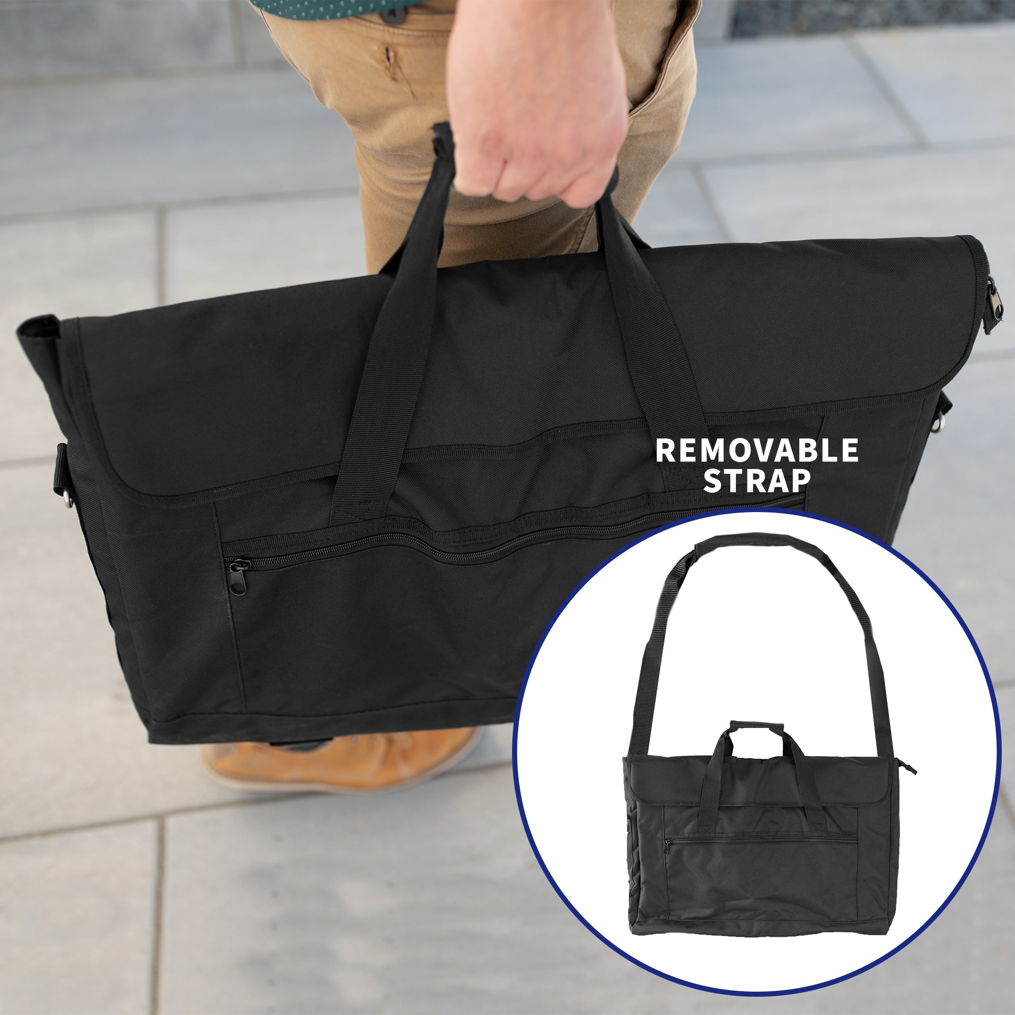 A black monitor travel case with a shoulder strap and multiple compartments.