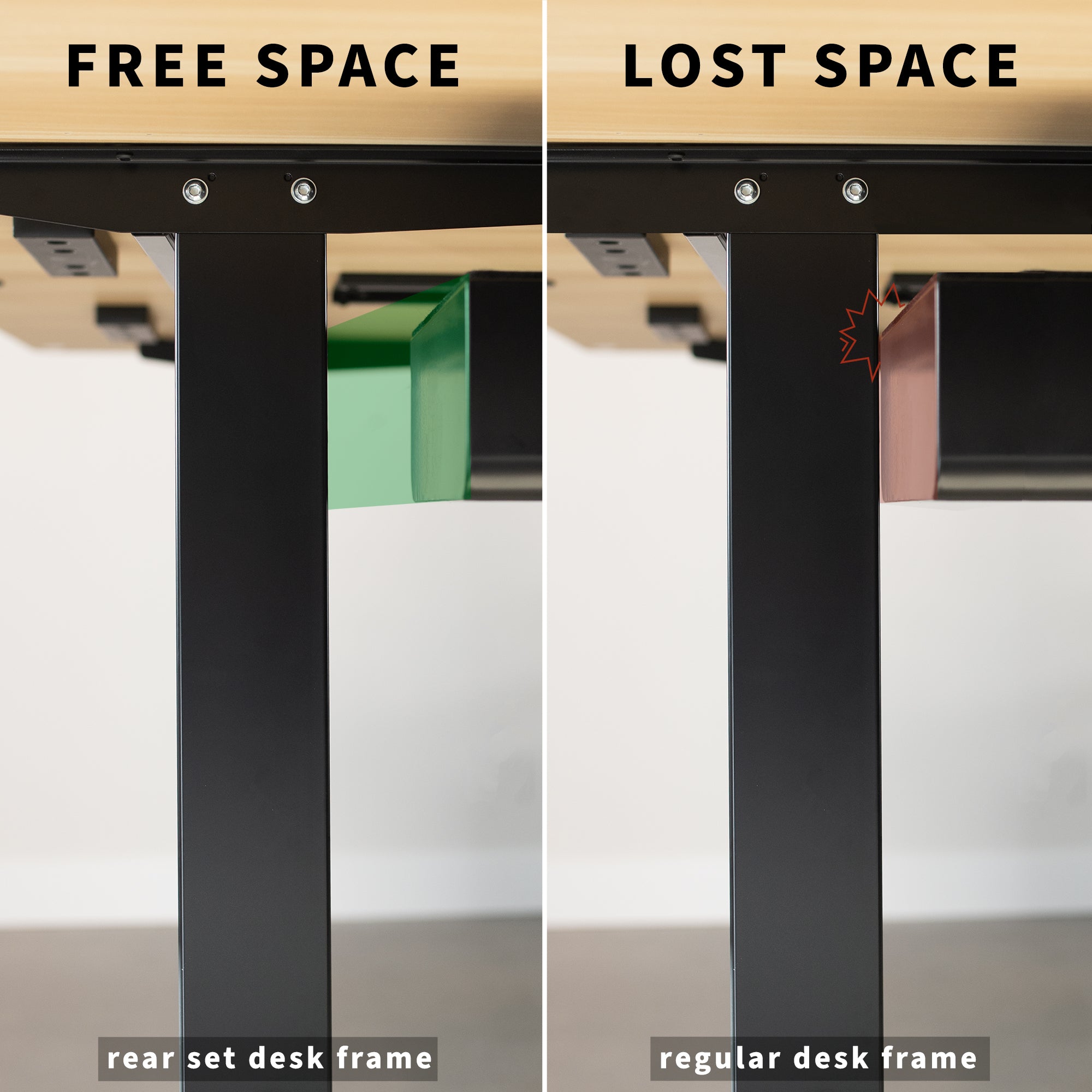 Create more free space with a rear set desk frame.