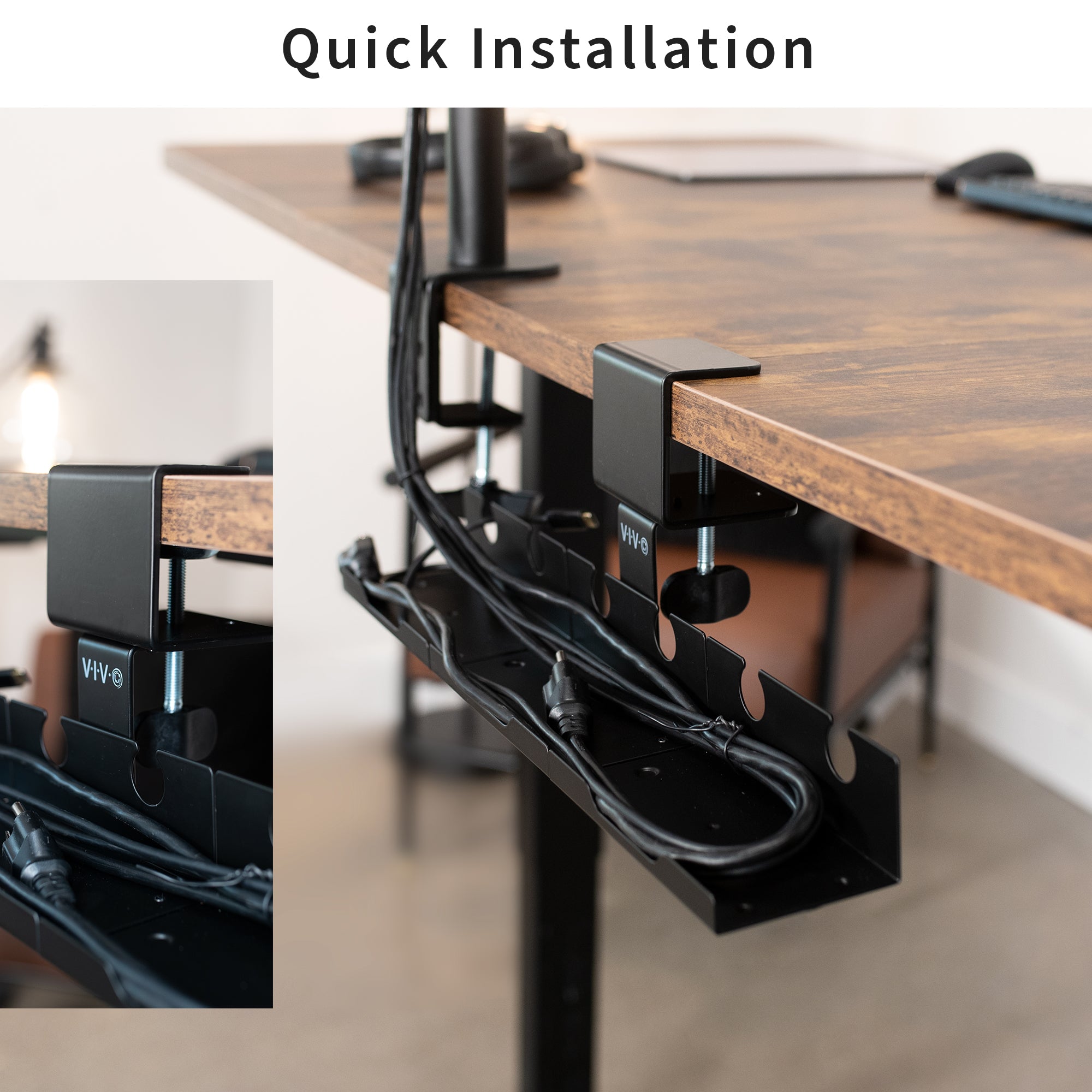 Steel 19 inch Clamp-on Modular Power Strip Tray System for Desk, No Drill Cable Management Workspace Organizer, Clean Cord Routing, Open Design for Ventilation