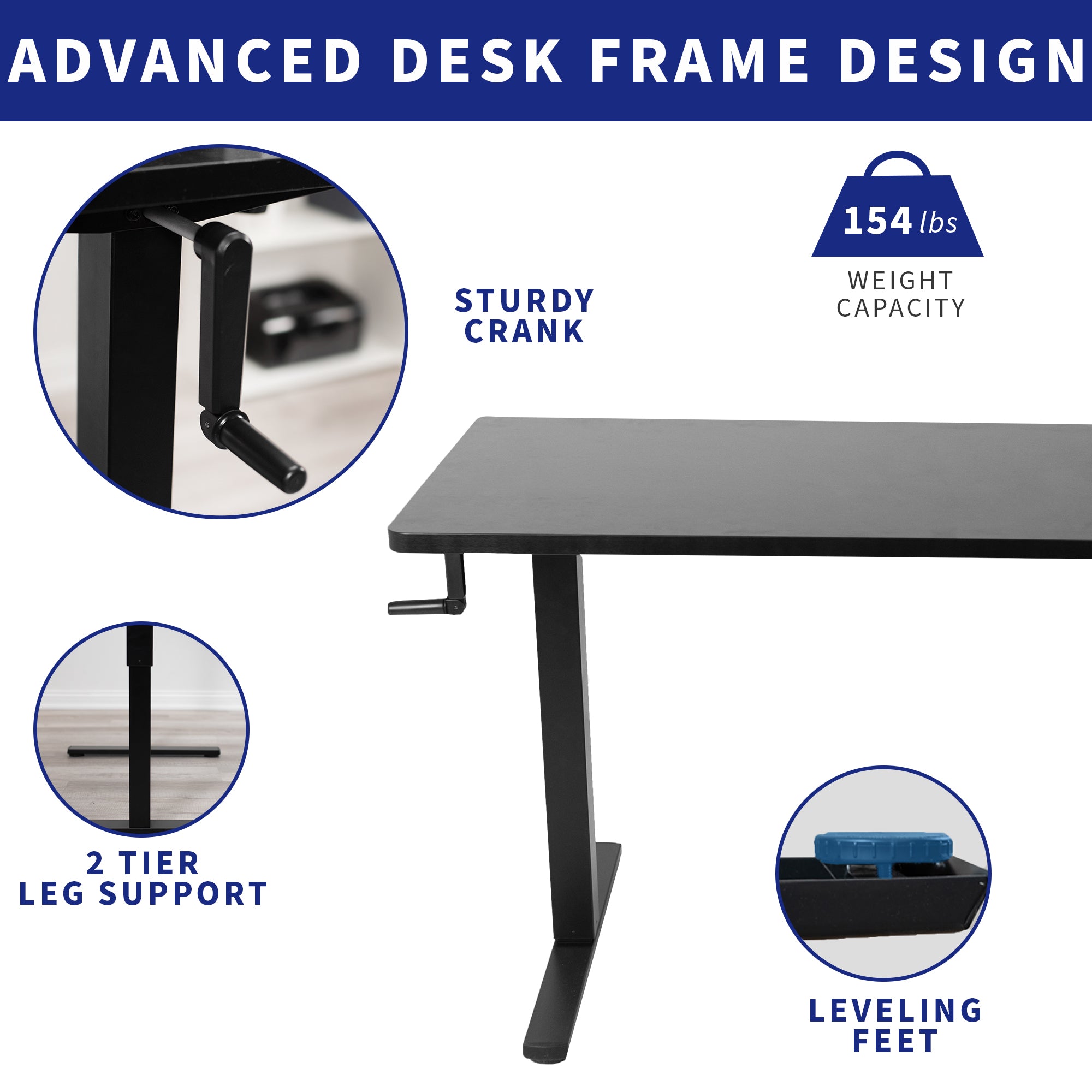 Advanced sturdy steel design with leveling feet and strong legs for maximum desk support.