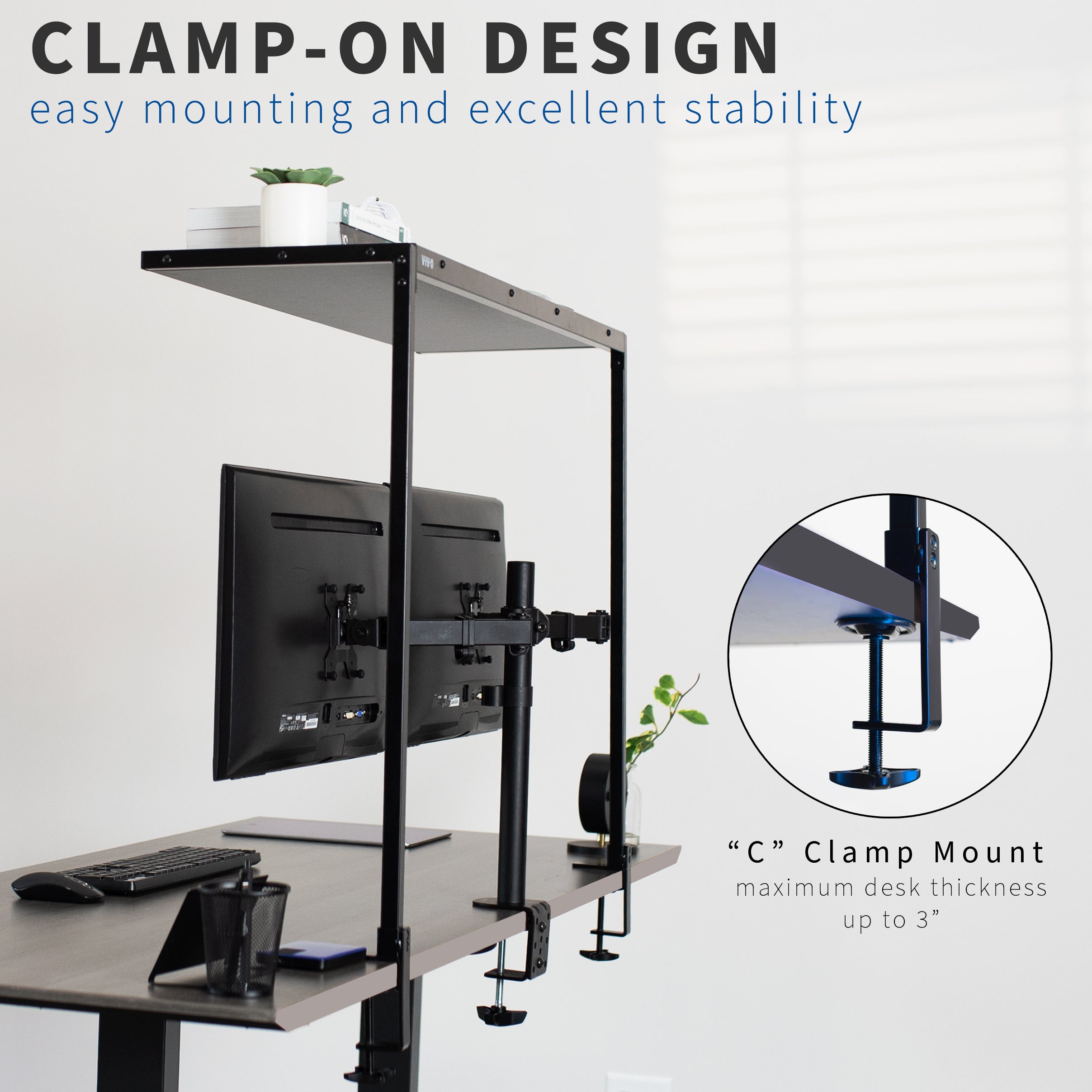 Study the C-clamp mount of the overhead desk shelf with sturdy stability.