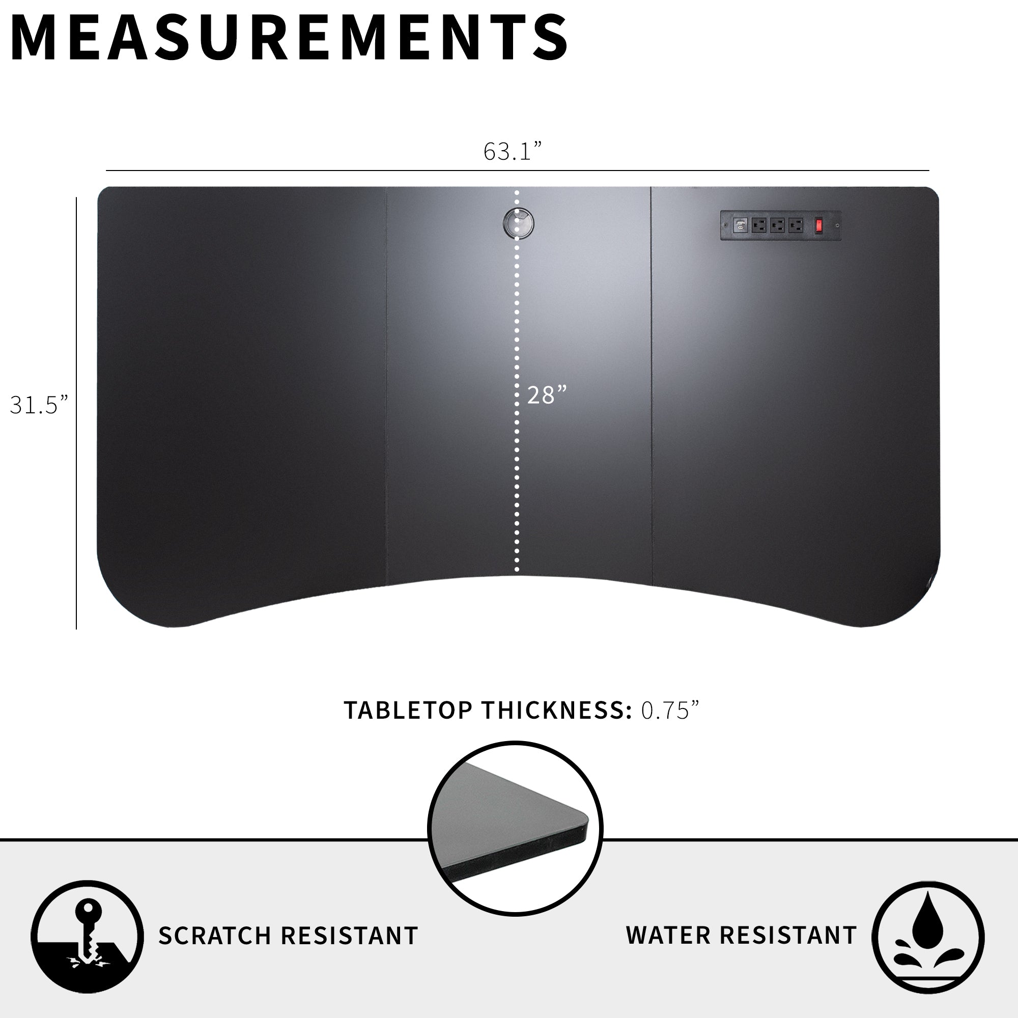 63 x 32 inch Universal Table Top with Built-In Power Strip for Standard and Sit Stand Height Adjustable Home and Office Desk Frames