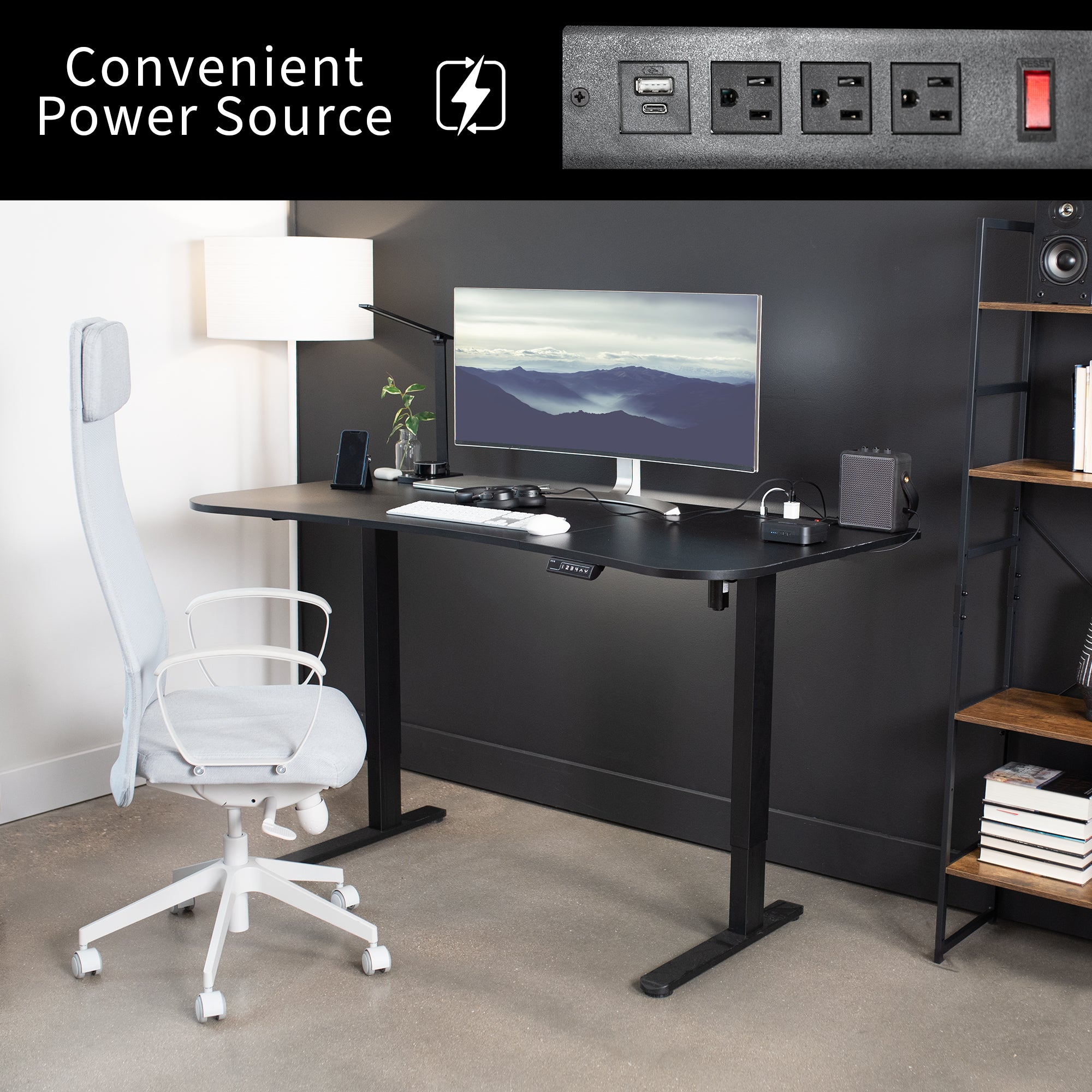 63 x 32 inch Universal Table Top with Built-In Power Strip for Standard and Sit Stand Height Adjustable Home and Office Desk Frames