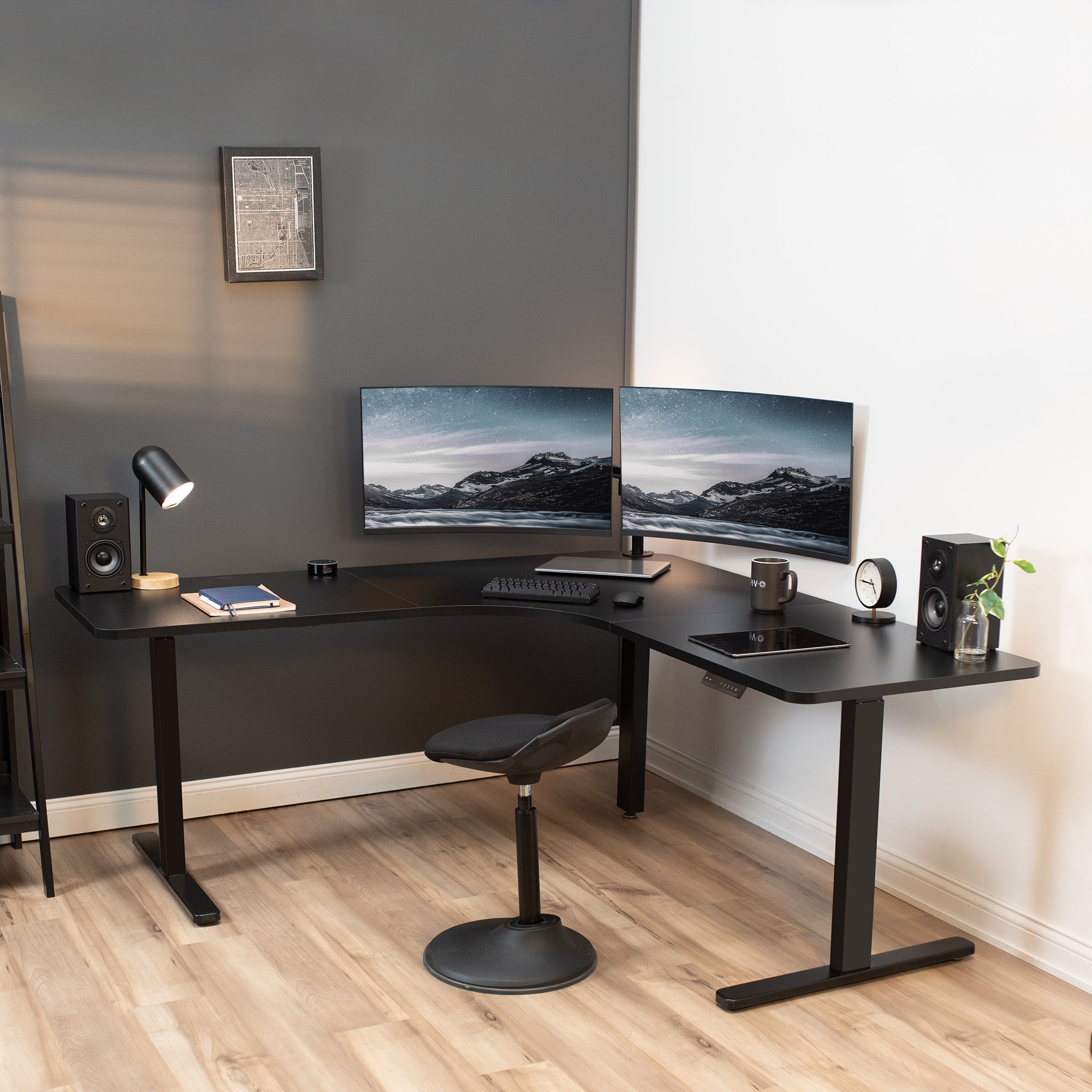 Modern corner office set up with a stool seat.