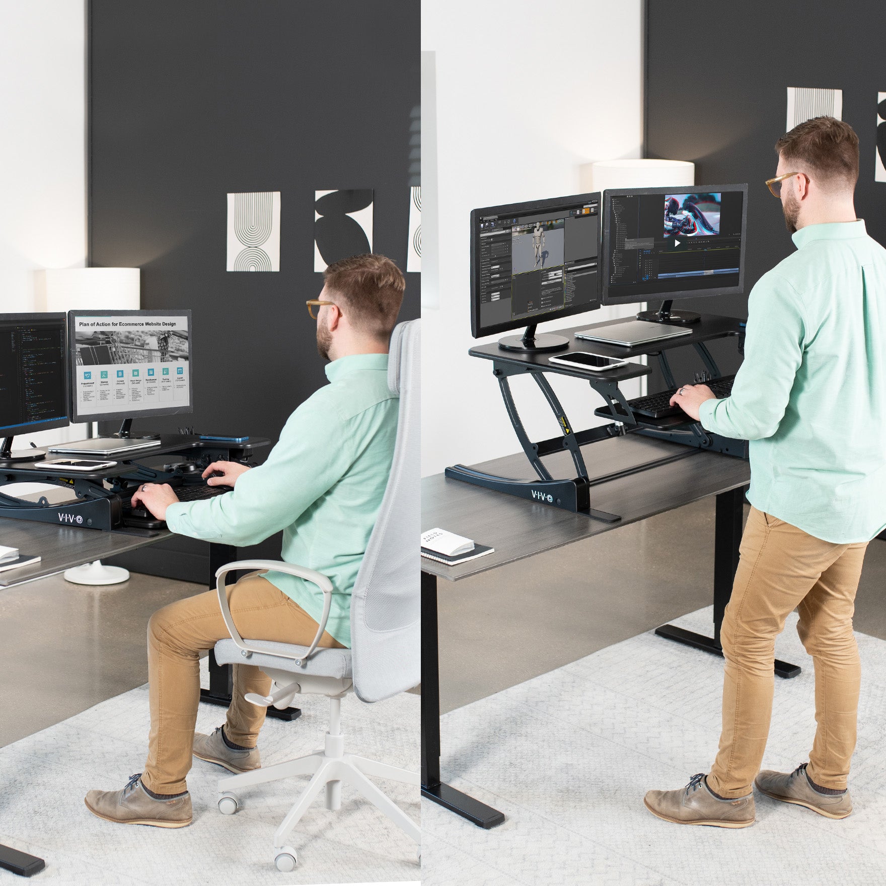 Dual-tiered, electric desk riser that sits on top of your current desk and gives you the benefit of standing up throughout the work day.