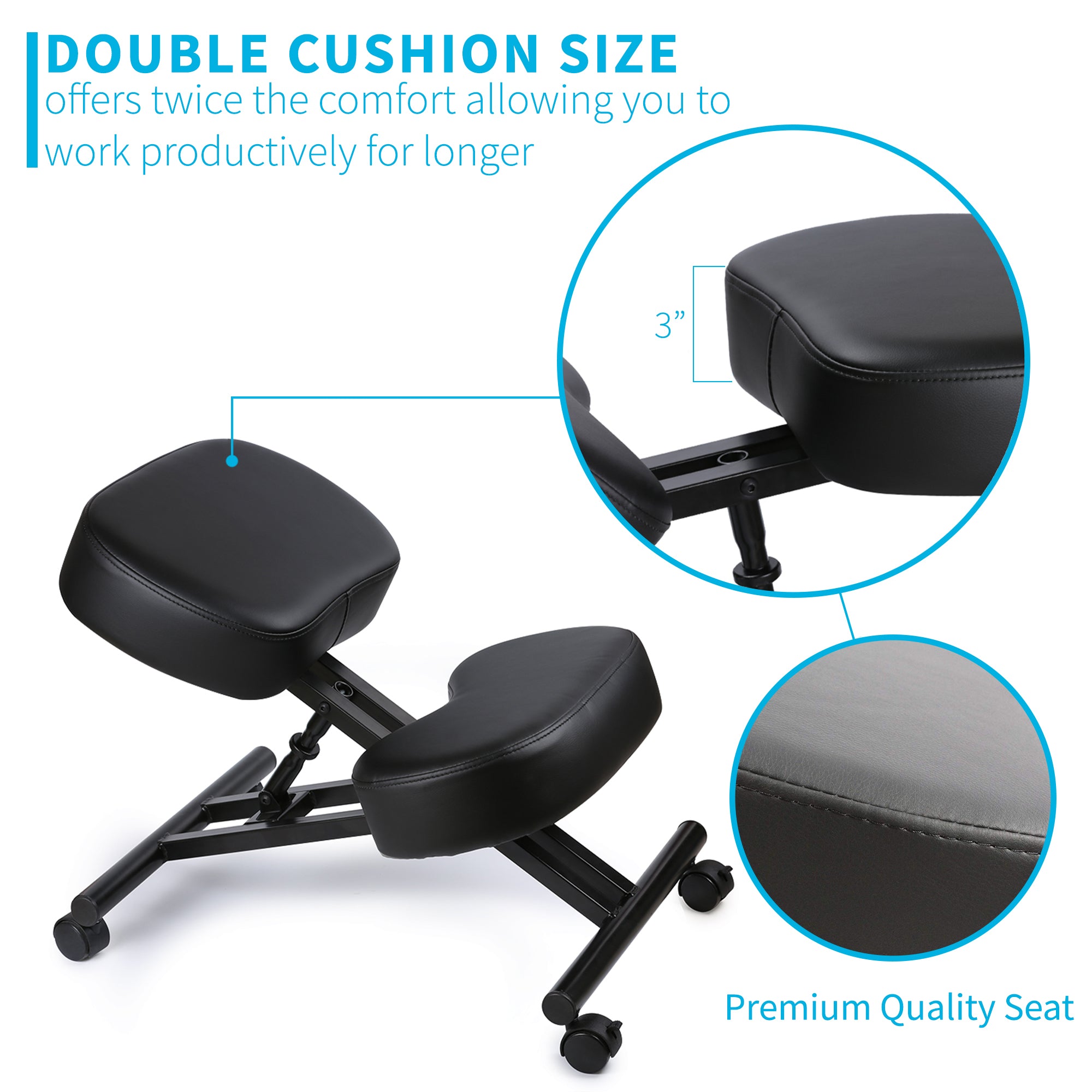 Includes three-inch thick padded cushions to maximize comfort and prolong productivity.