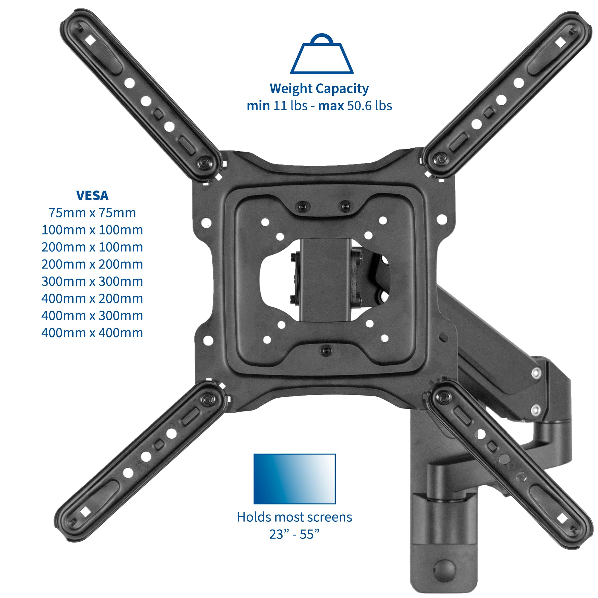 Articulation of the TV mount is featured in tilt, swivel, and rotation movements.