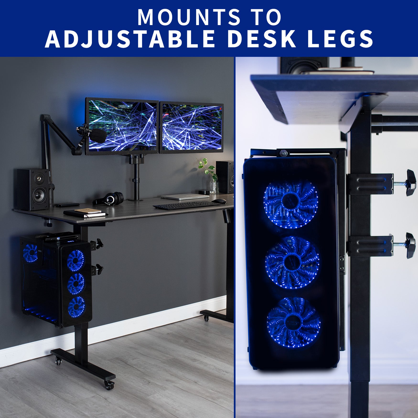 Clamp-on PC mount secures to desk legs for convenient placement.