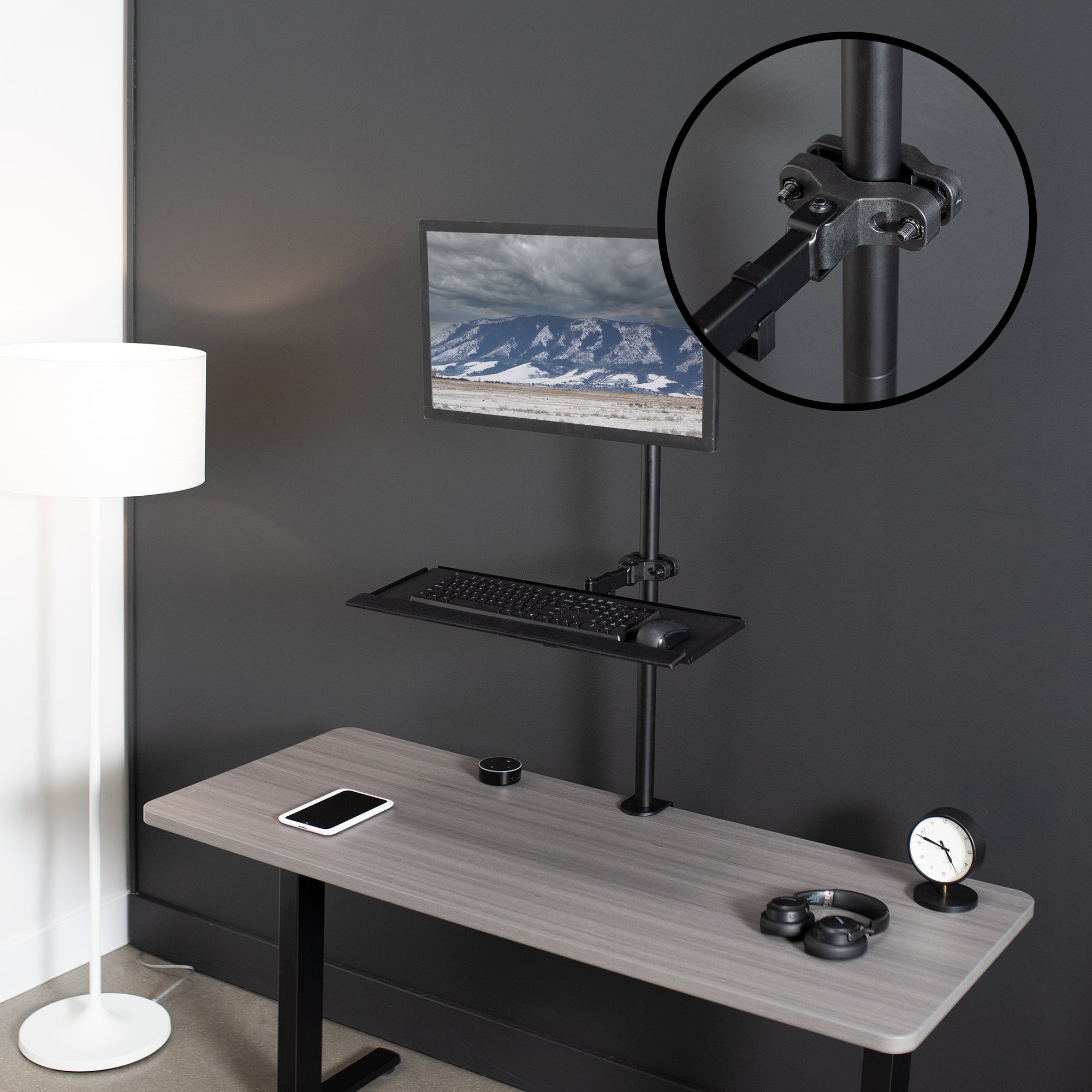 Universal mount is ideal for adding a keyboard tray to an existing monitor stand or any pole within the diameter range.