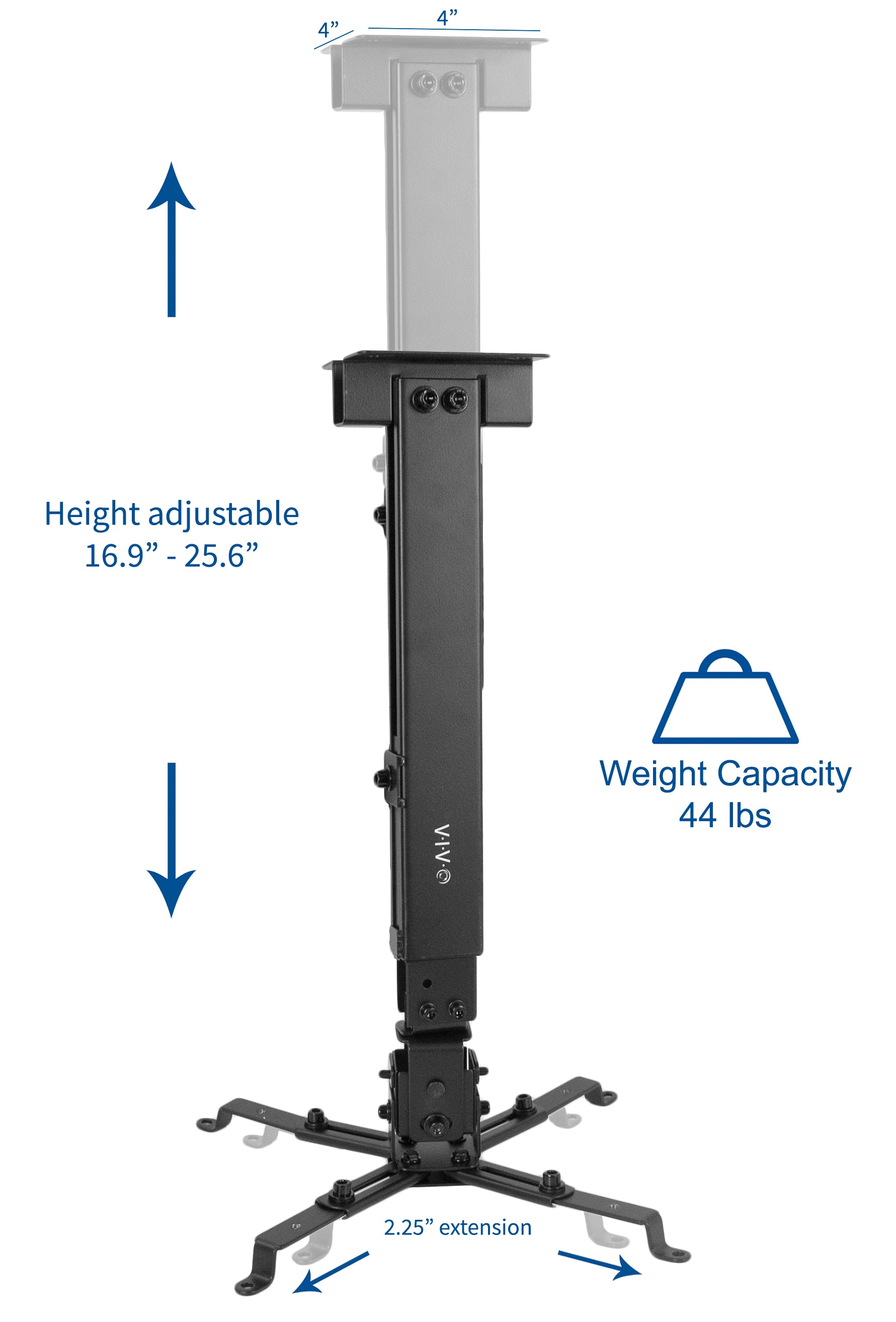 Center pole of the mount is height adjustable while supporting up to 44-pound projectors.