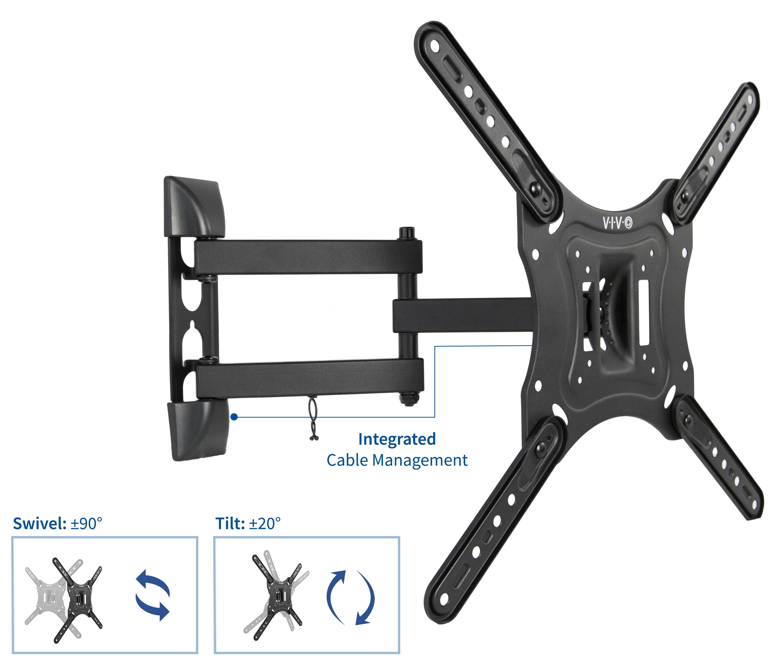 TV mount includes built-in cable management and offers swivel and tilt adjustments to provide ergonomic viewing angles.