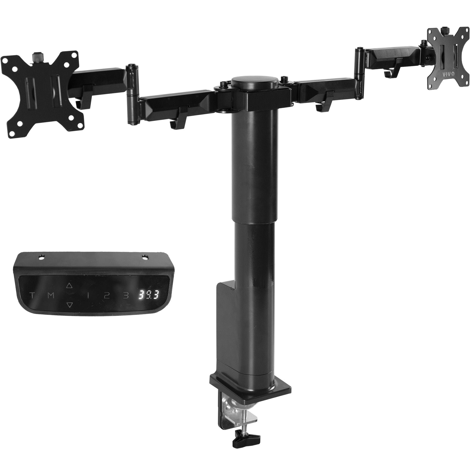 A black electric dual monitor arm designed to support multiple screens, with adjustable arms and a mounting base.