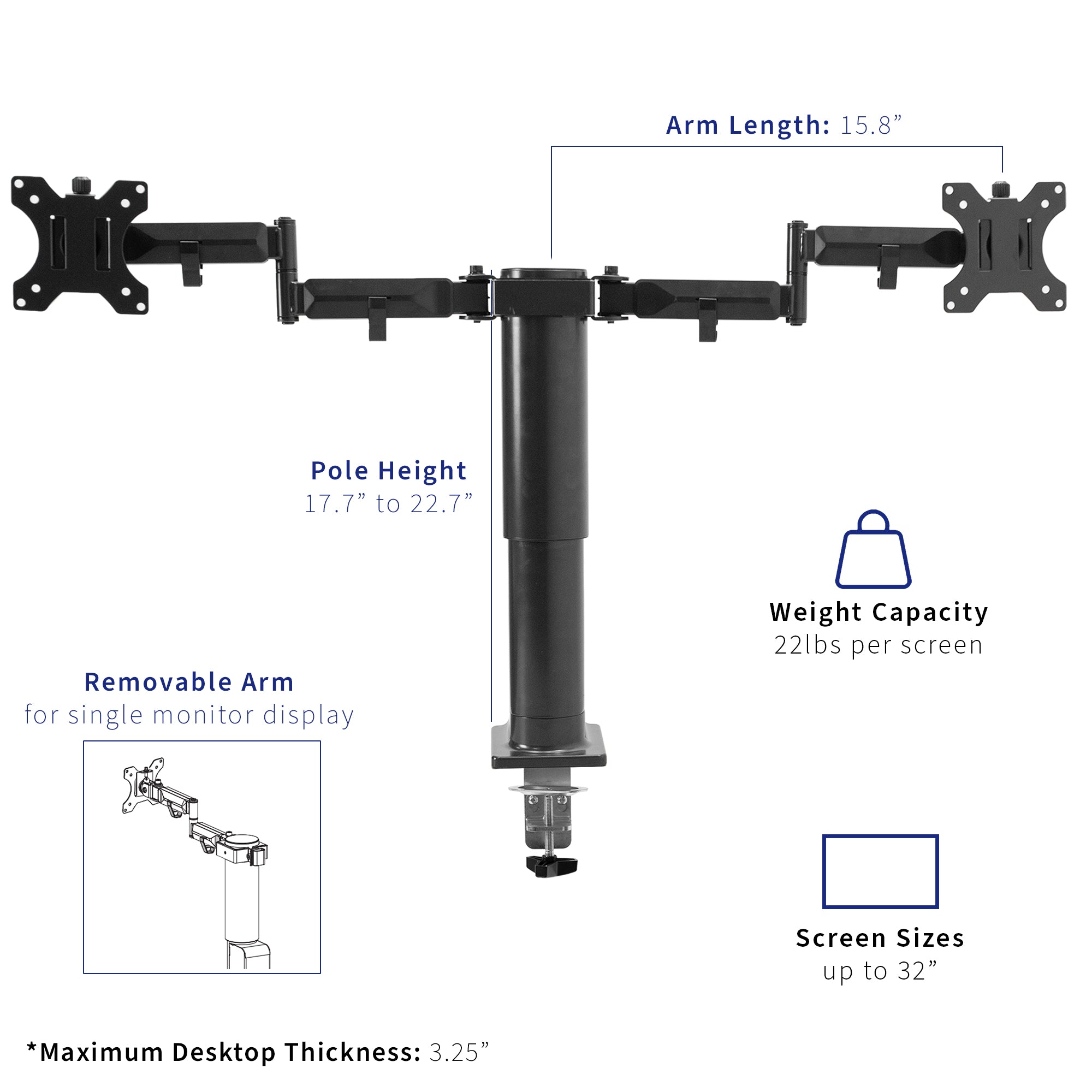 Measurements and specifications for Electric Dual Monitor Arms