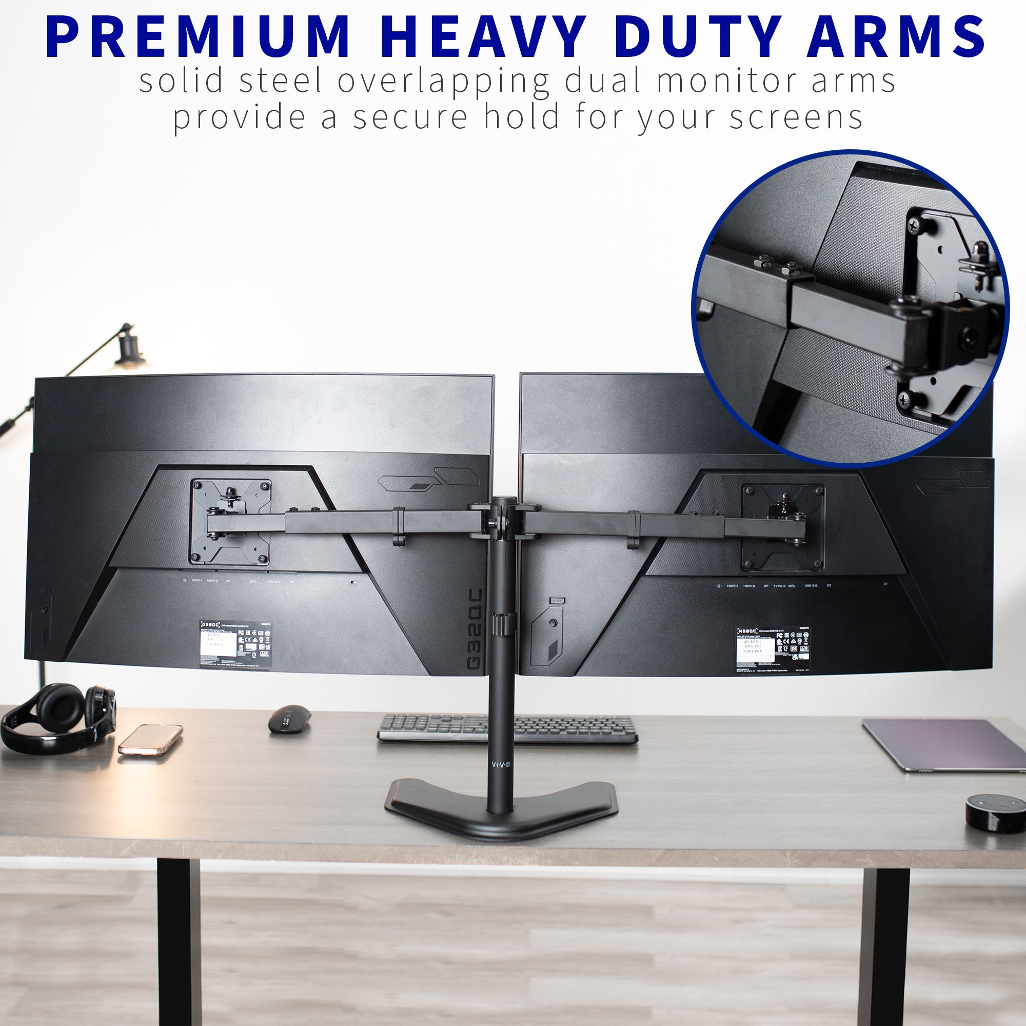 Premium solid steel constructed arms for maximum support of your monitors.