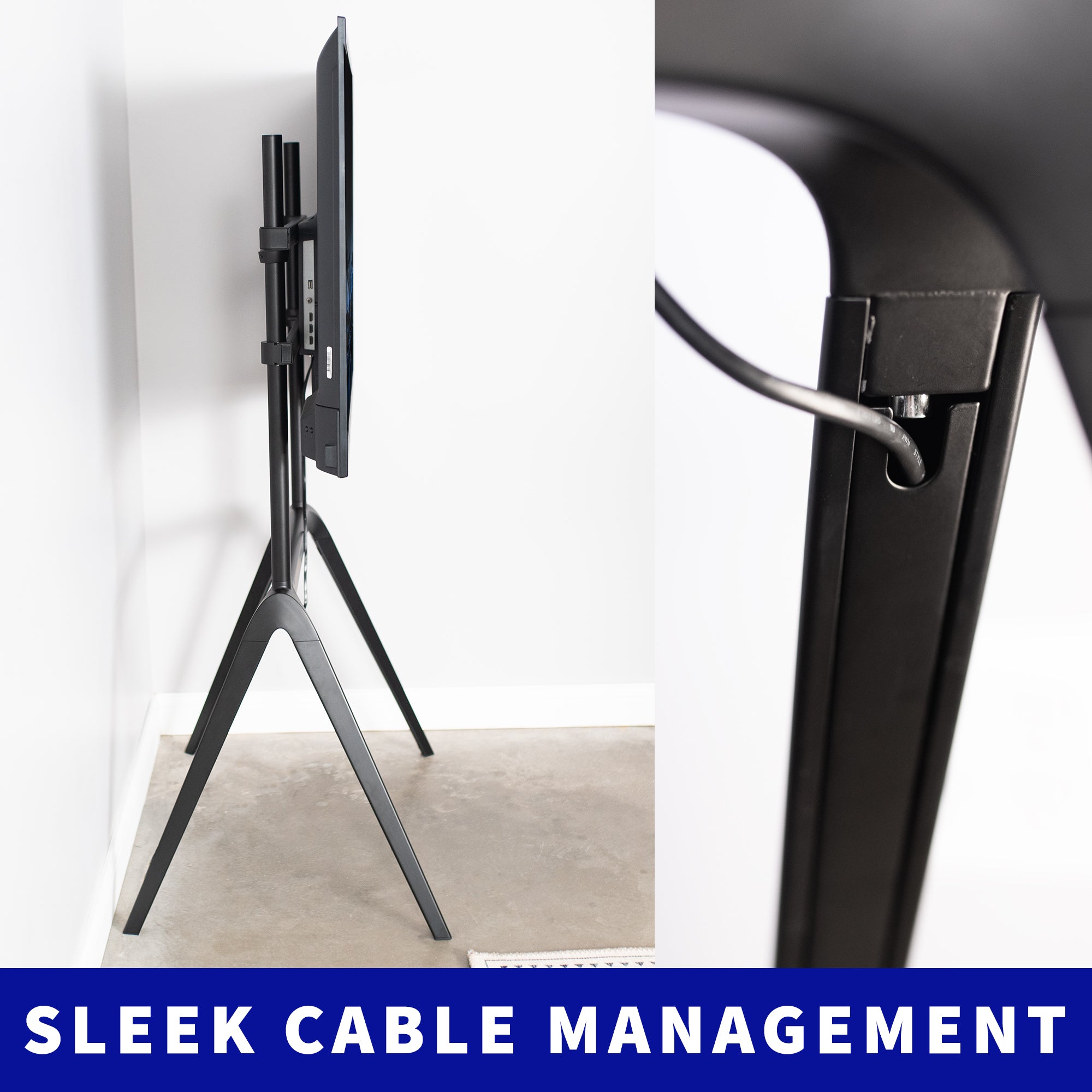 A sleek design with incorporated cable management to maintain a modern look and prevent cables from tangling.