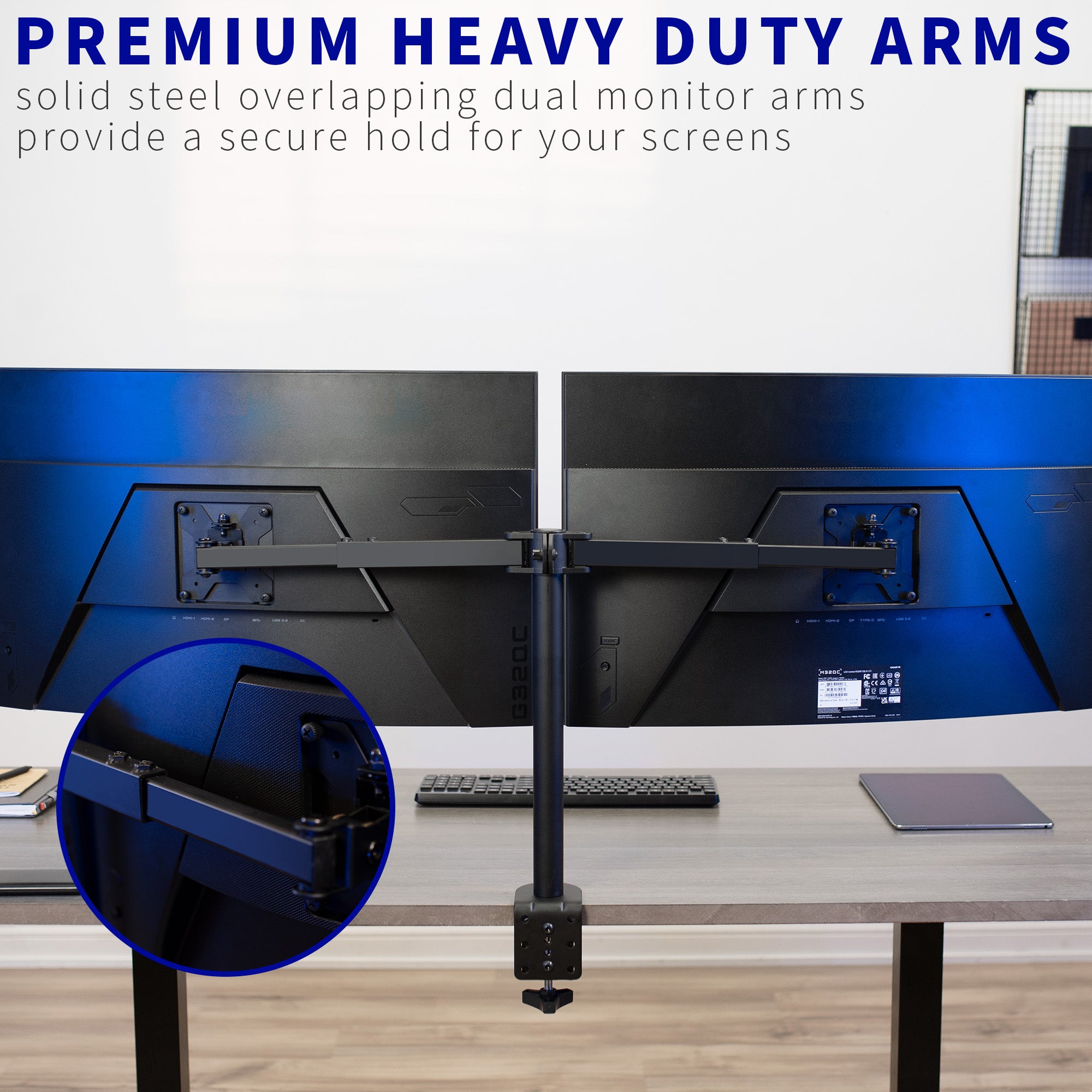 Solid steel monitor arms provide a secure hold for screens.