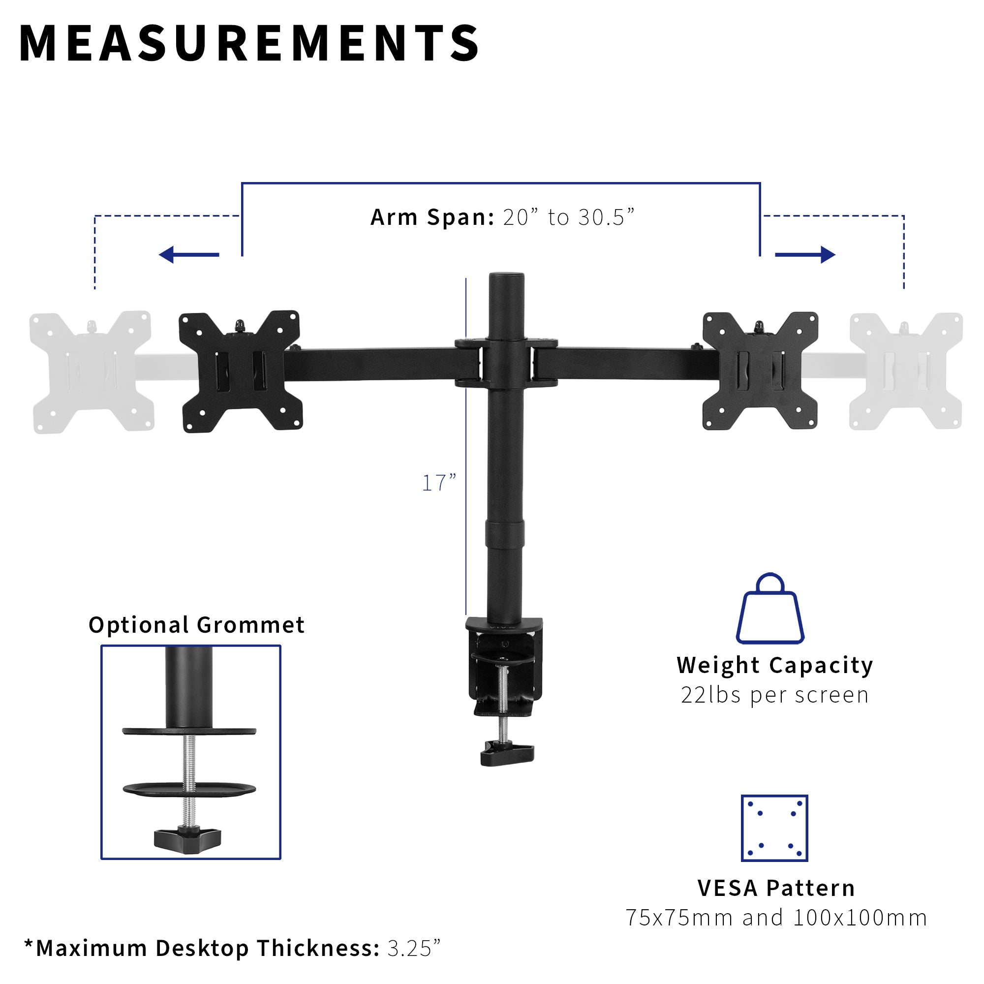Measurements and specifications for dual monitor mount.