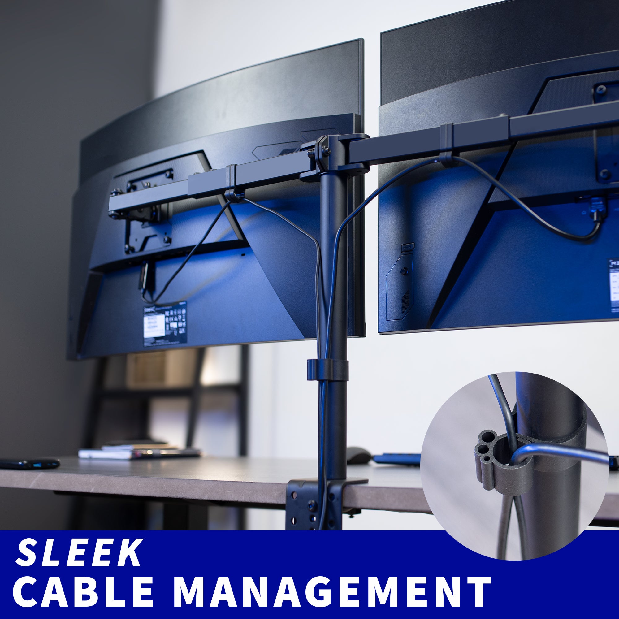 Cable management provided to maintain a clean, organized space.