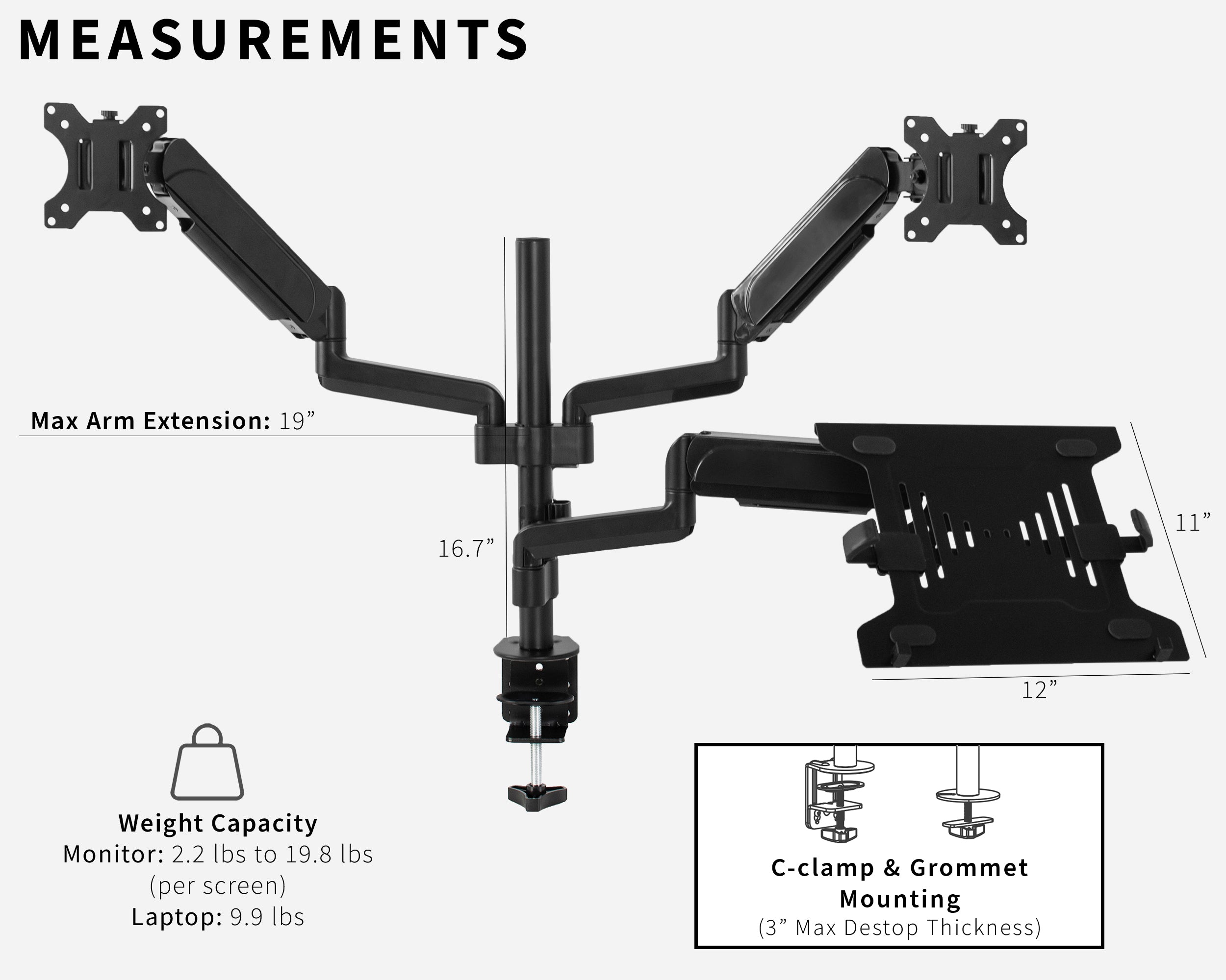 Pneumatic arm dual monitor and laptop desk mount that elevates your screens to a comfortable viewing height.