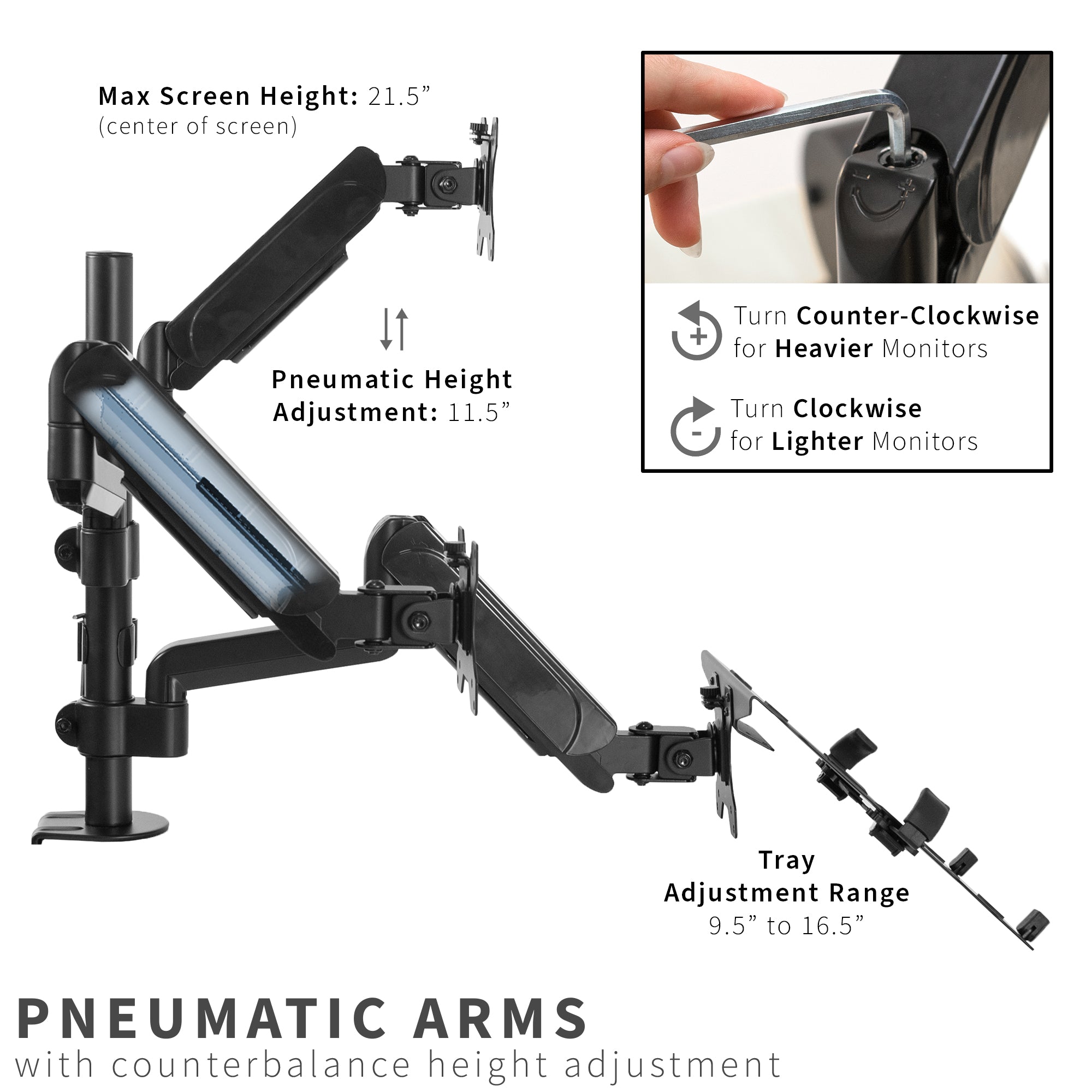Pneumatic arm dual monitor and laptop desk mount that elevates your screens to a comfortable viewing height.