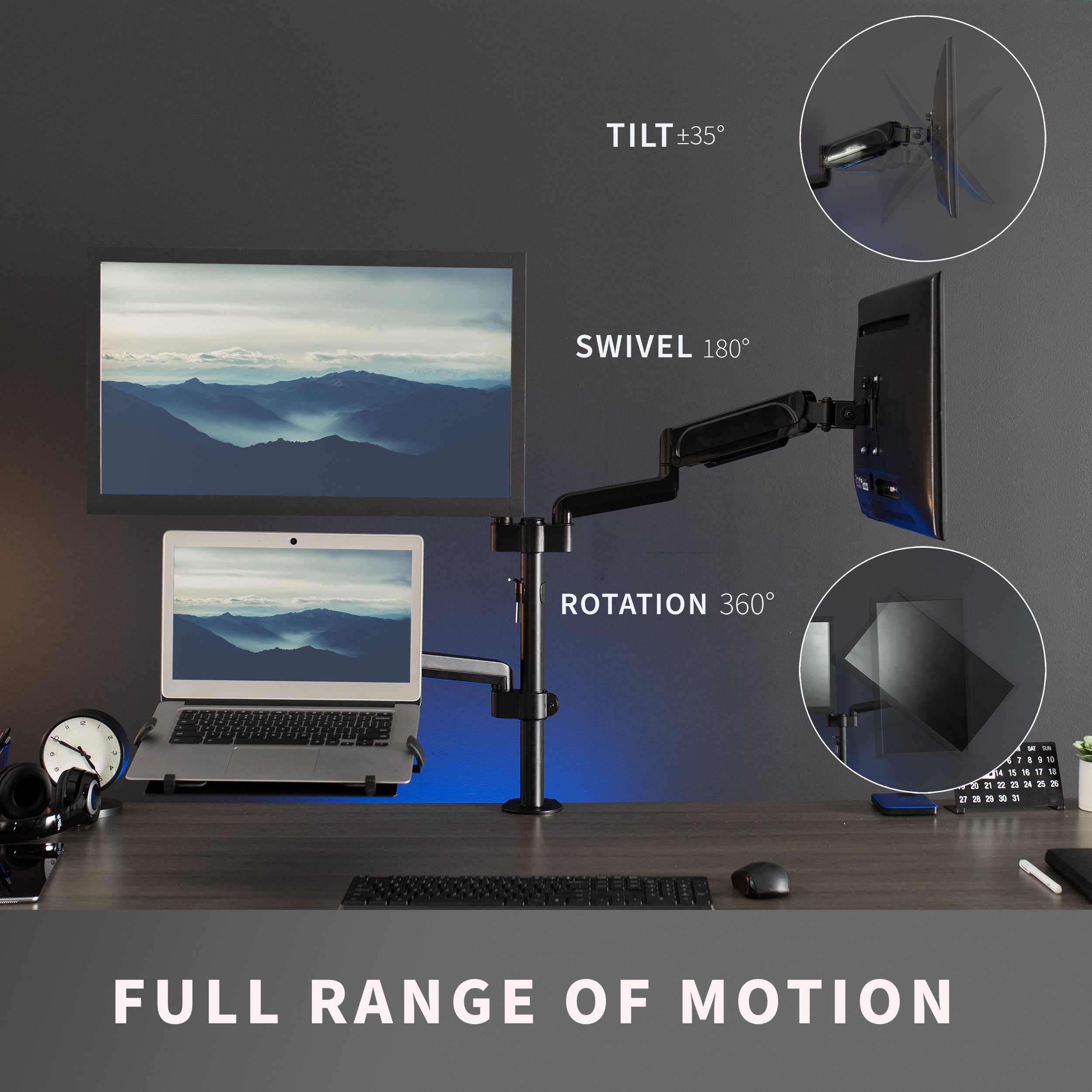 Pneumatic arm dual monitor and laptop desk mount that elevates your screens to a comfortable viewing height.