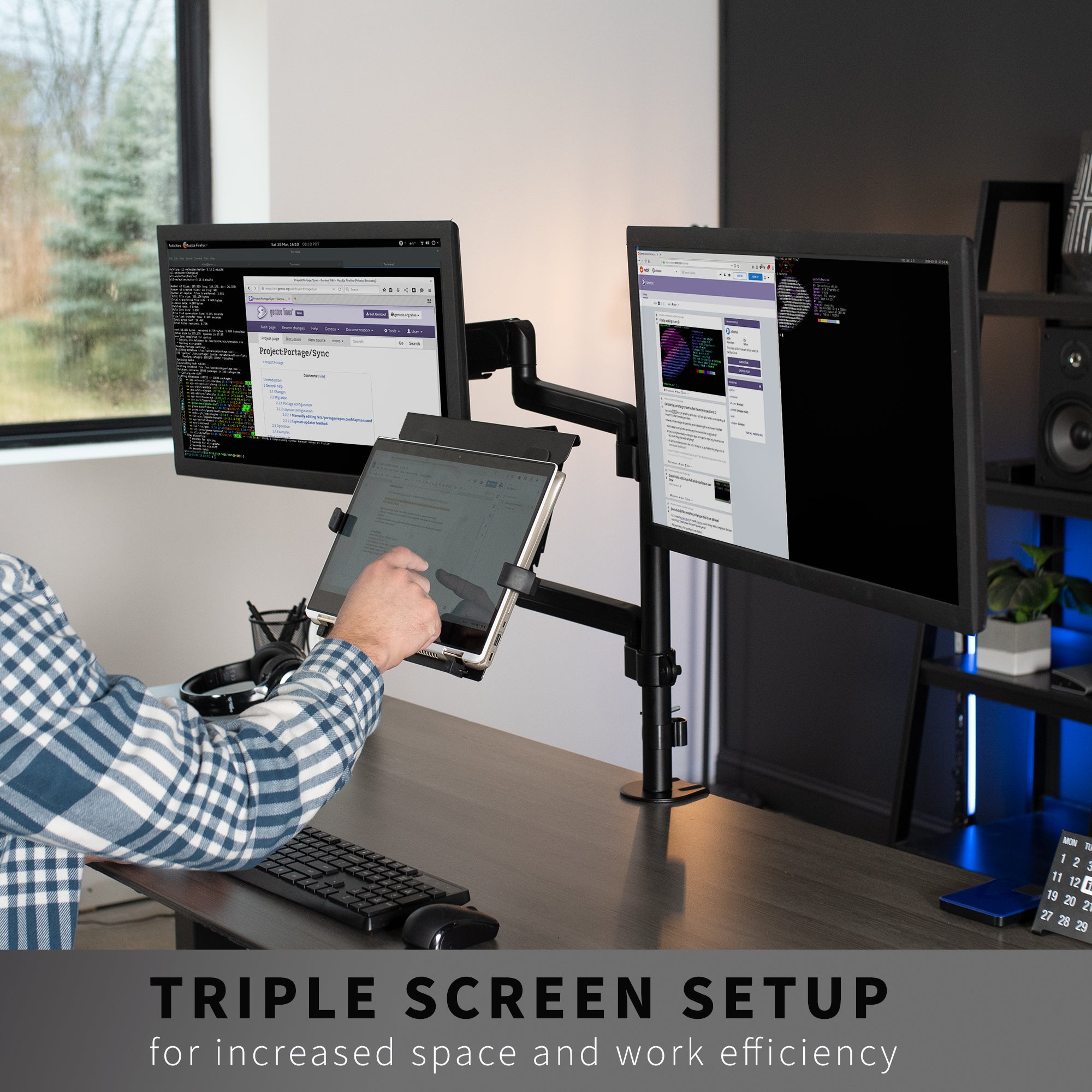 Pneumatic arm dual monitor and laptop desk mount that elevates your screens to a comfortable viewing height.