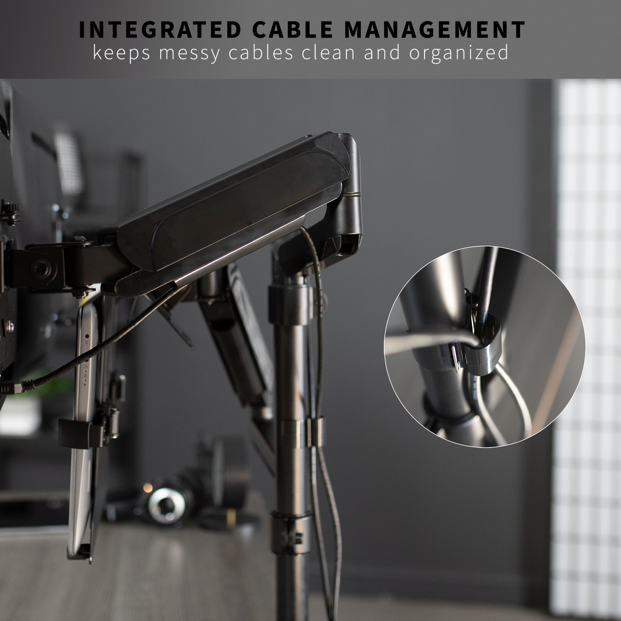 Pneumatic arm dual monitor and laptop desk mount that elevates your screens to a comfortable viewing height.