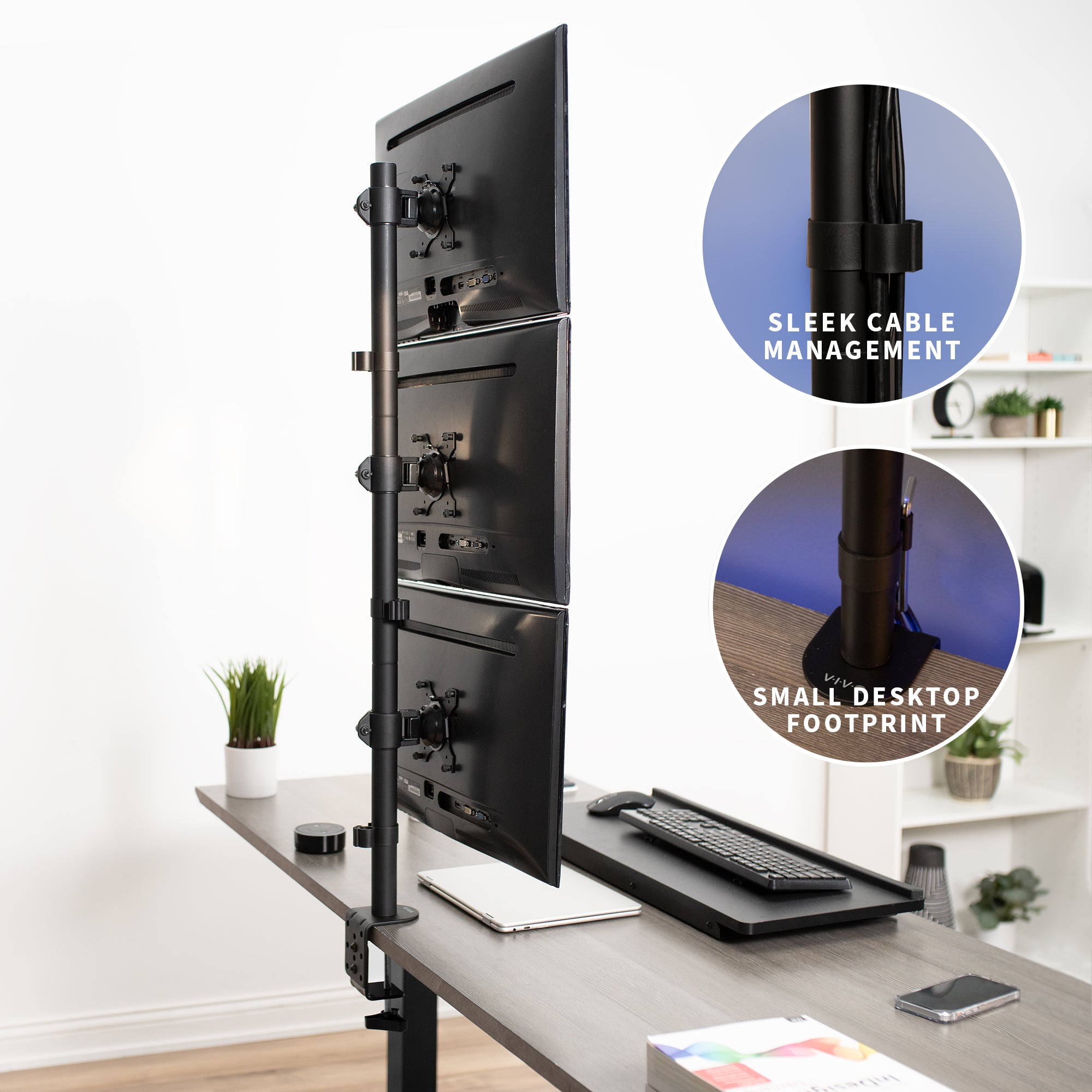 Cable management provided to maintain a clean and organized workspace.