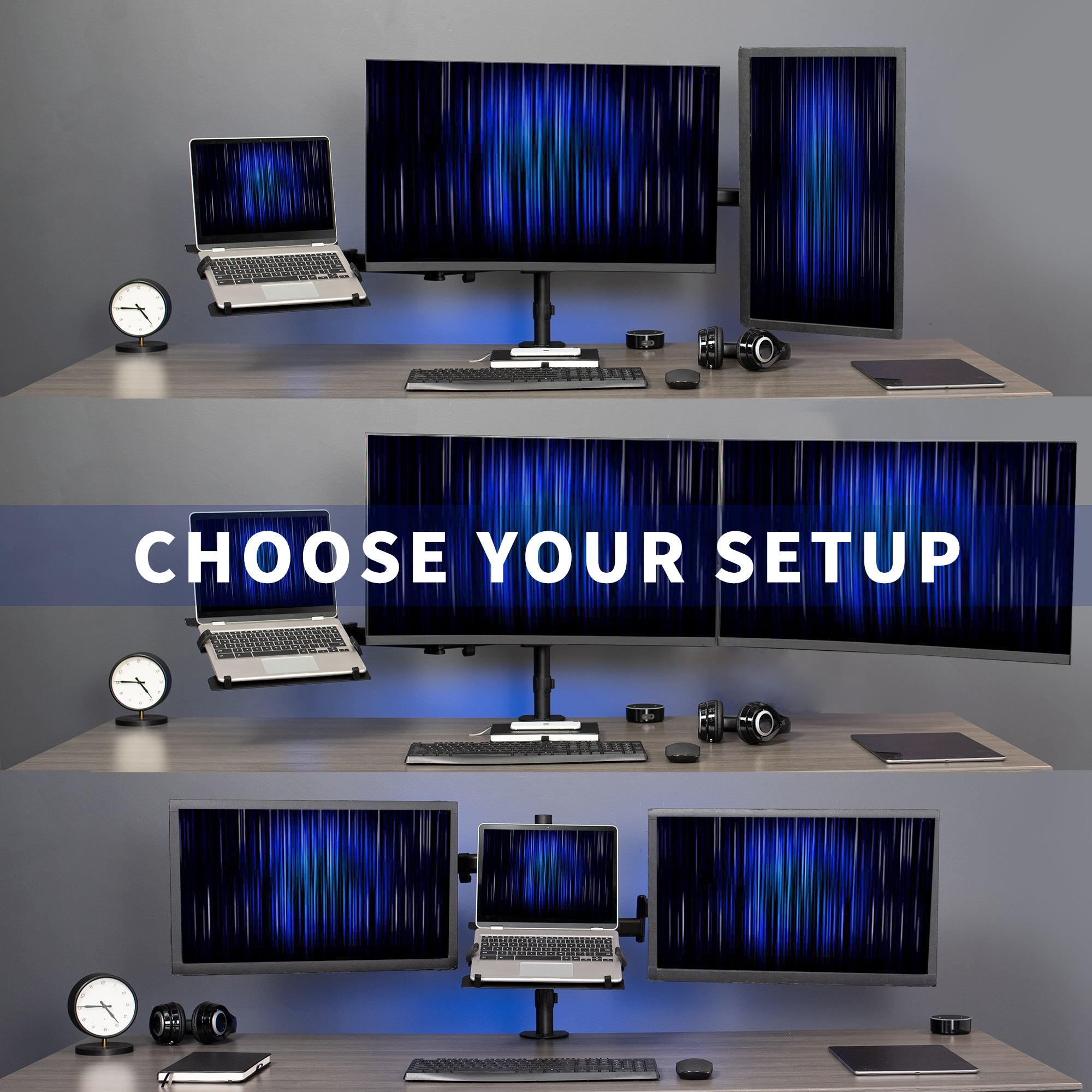 A black desk mount that can hold two monitors and one laptop.