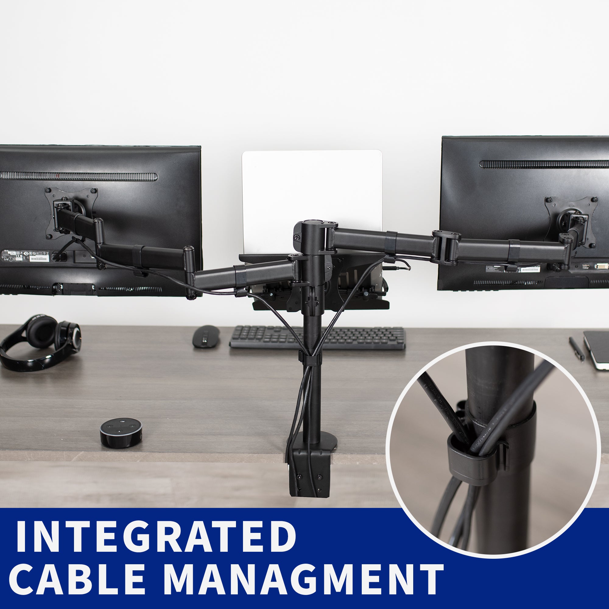 A black desk mount that can hold two monitors and one laptop.