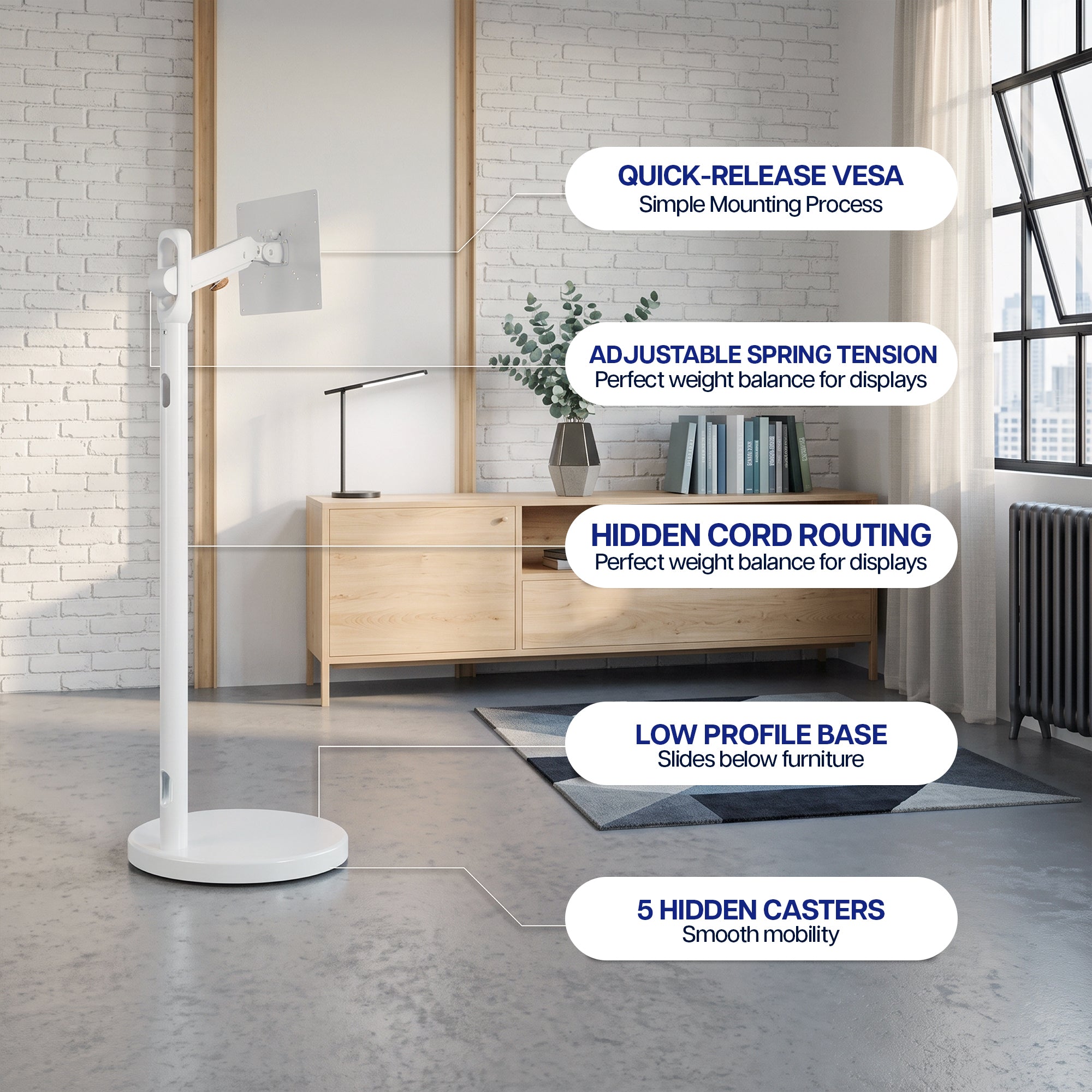 A white modern height-adjustable monitor mobile stand with a minimalist base and articulated arm, shown in a bright room with overlaid callout bubbles describing features like quick-release VESA mounting, adjustable spring tension, hidden cord routing, low profile base, and 5 hidden casters.